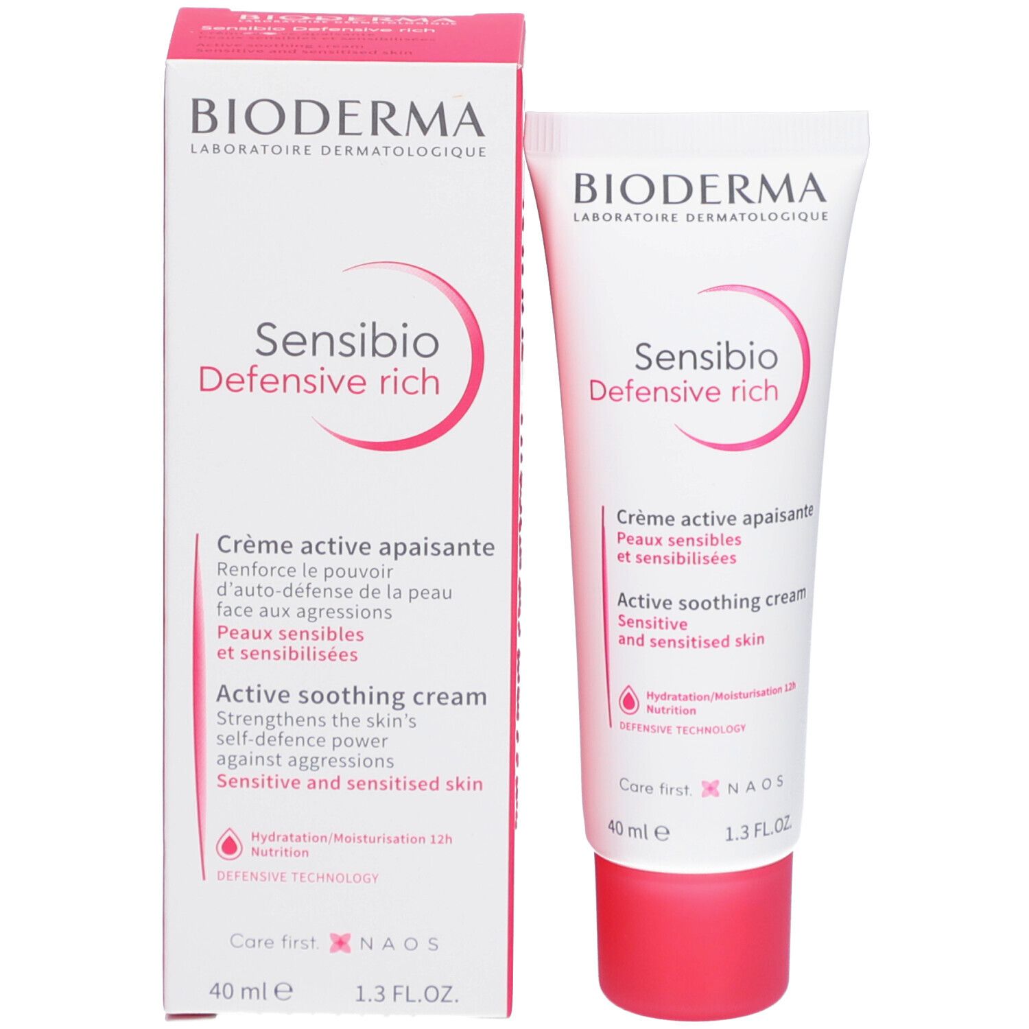 BIODERMA Sensibio Defensive Rich Creme mit Verpackung. Weiße Tube und Karton. Text: Active soothing cream.