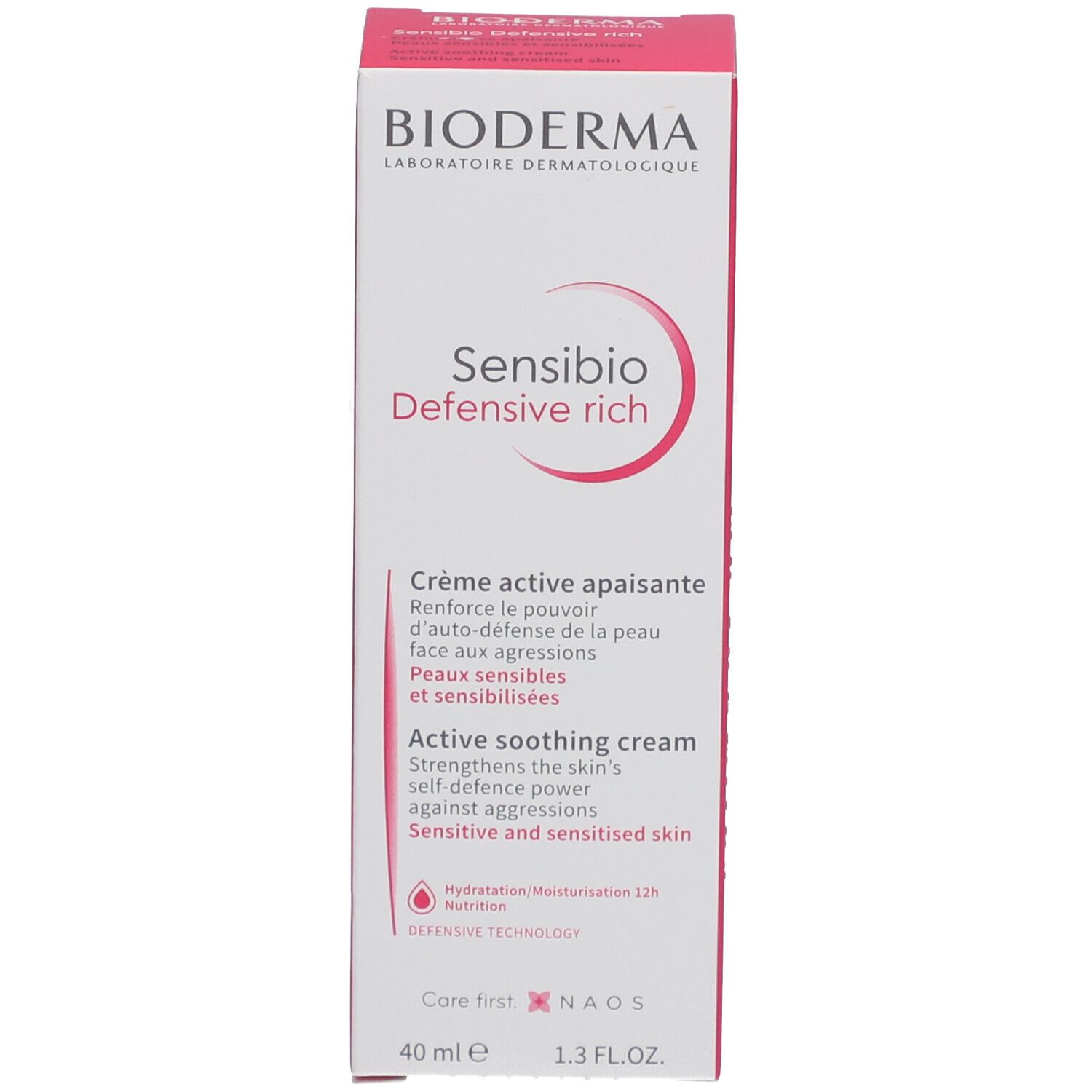 BIODERMA Sensibio Defensive Rich Karton. Text: Active soothing cream. Rosa und weiß. 40 ml.