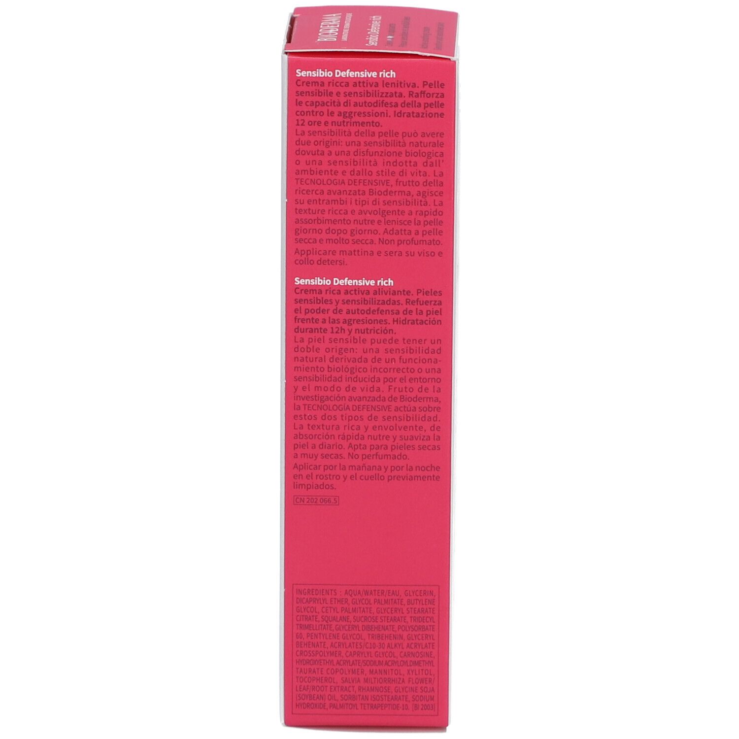 BIODERMA Sensibio Defensive Rich Karton, Seite. Text in mehreren Sprachen. Rosa und weiß.