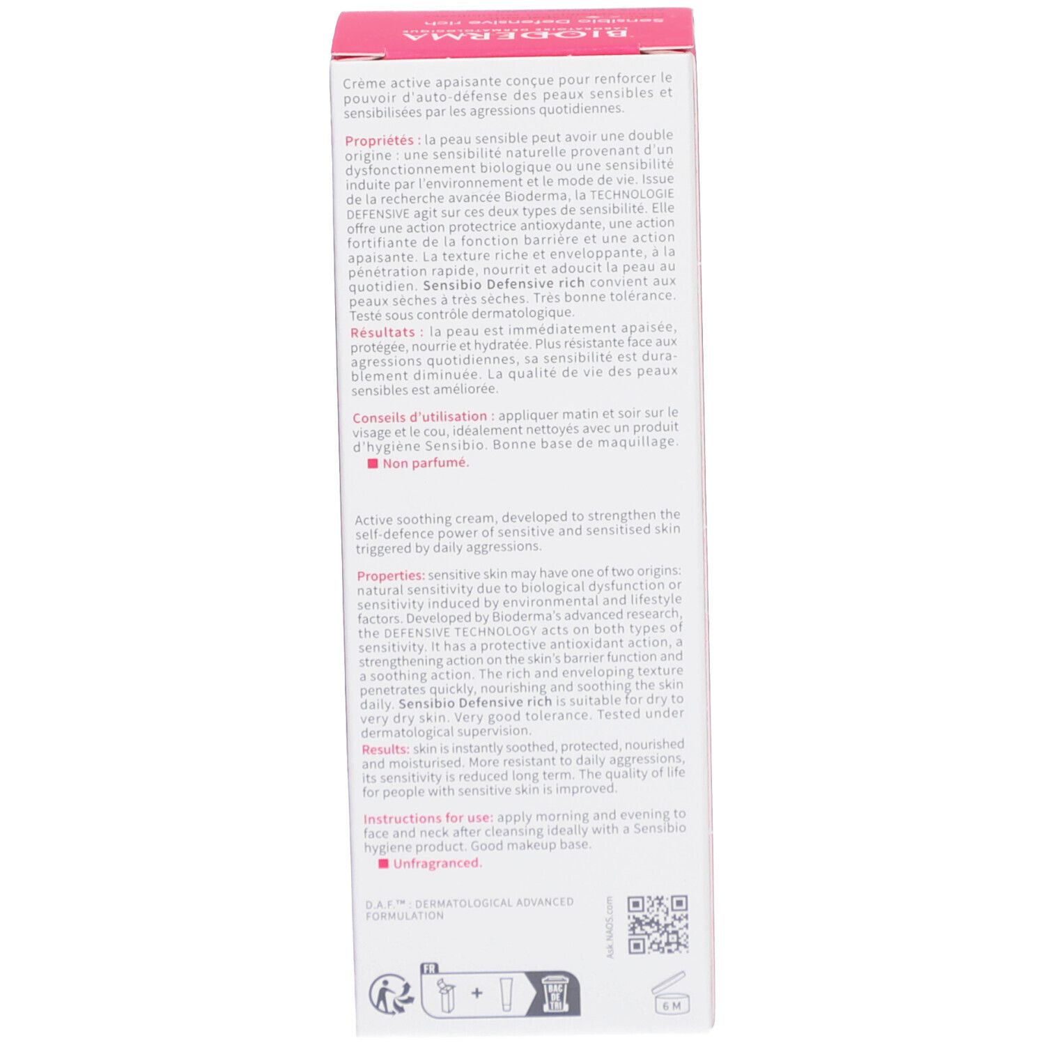 BIODERMA Sensibio Defensive Rich Karton, Rückseite. Text in Englisch und Französisch. Rosa und weiß.