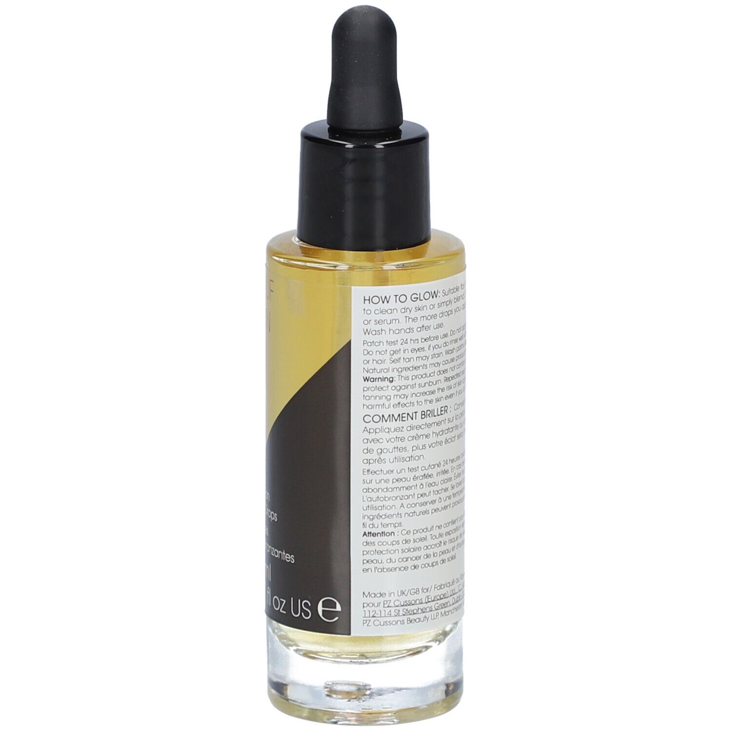 Rückseite der Glasflasche mit brauner Flüssigkeit. Schwarzer Deckel und Pipette. Text in mehreren Sprachen.