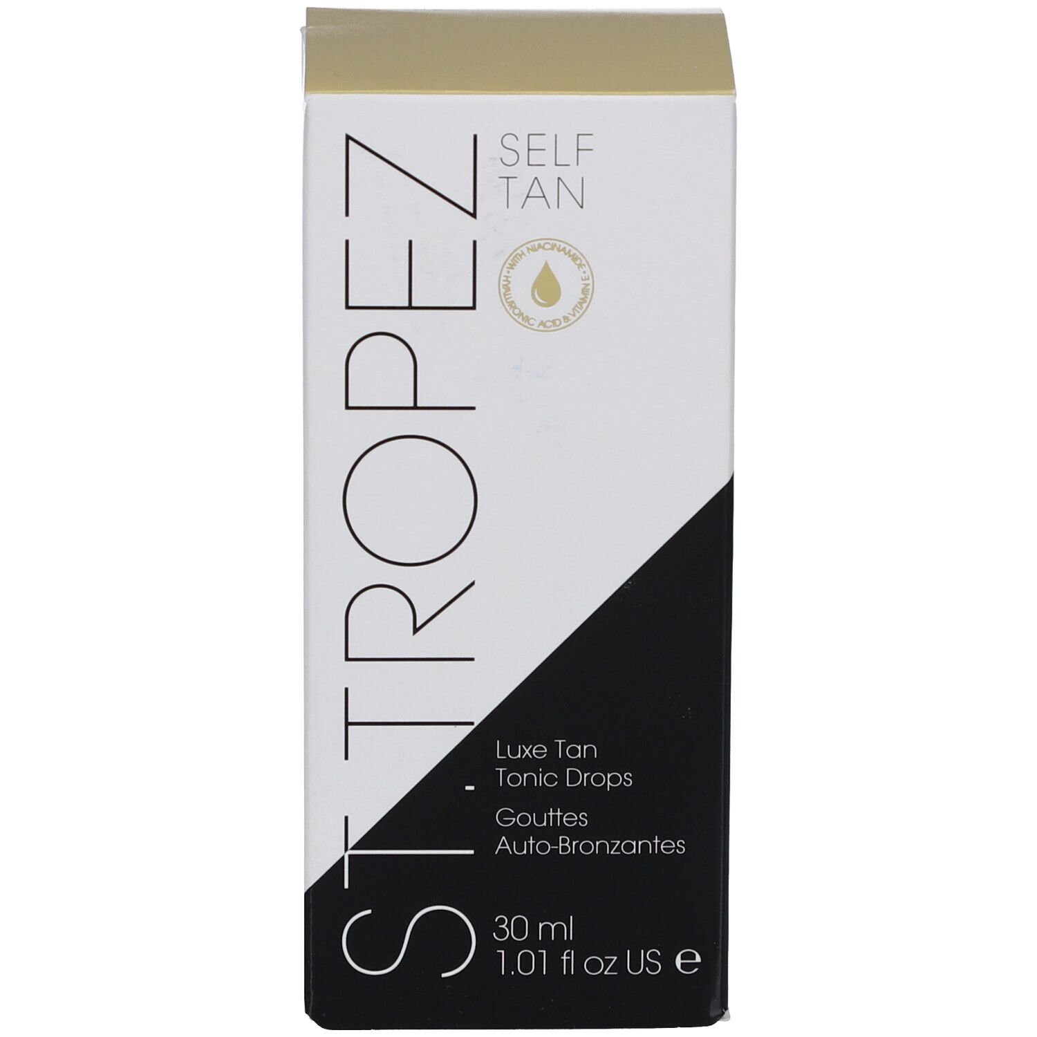 Weiße Schachtel mit schwarzem und goldenem Design. Aufschrift: SELF TAN, Luxe Tan Tonic Drops.