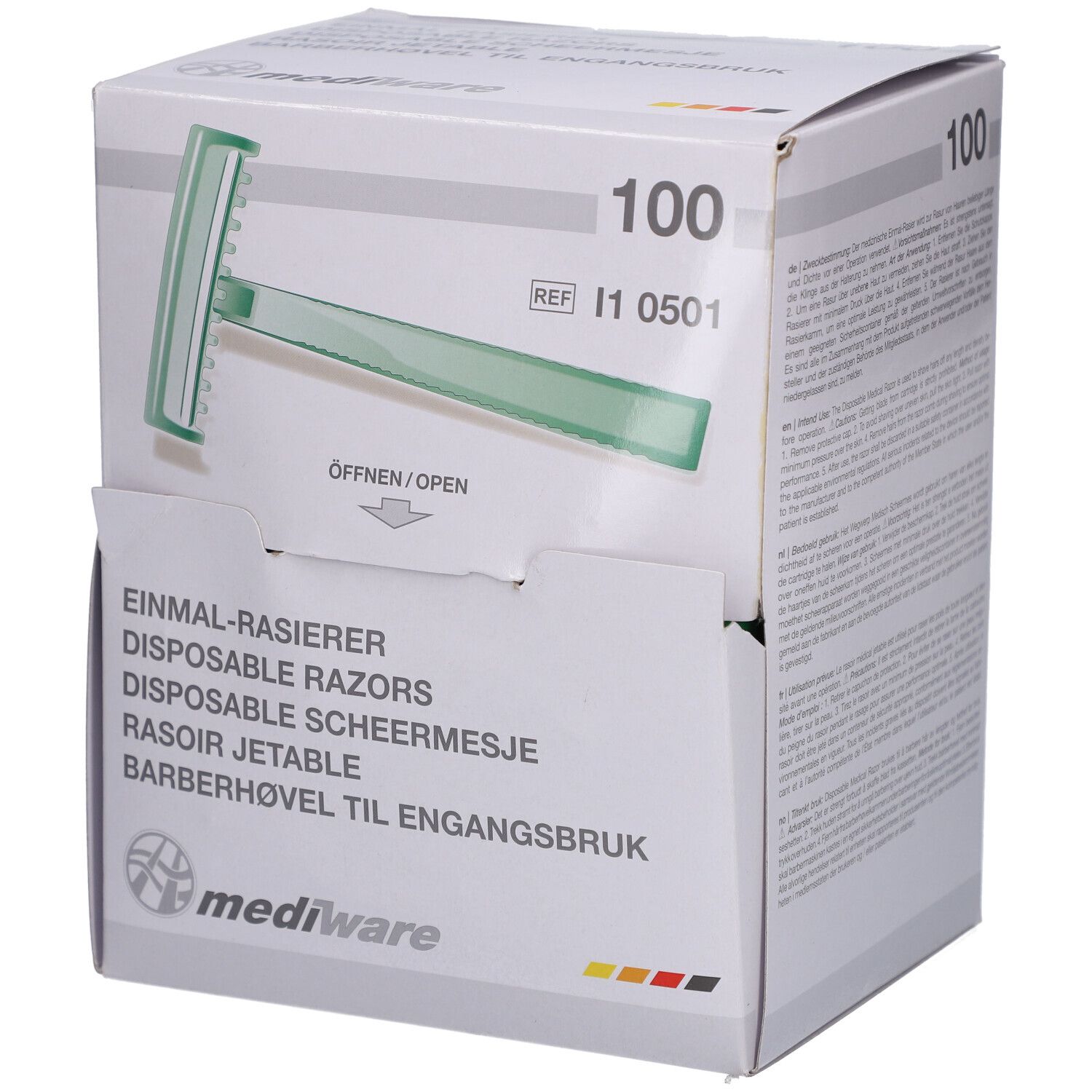 Boîte de 100 rasoirs jetables. Visible : rasoir vert, nom du produit, indication d'ouverture.