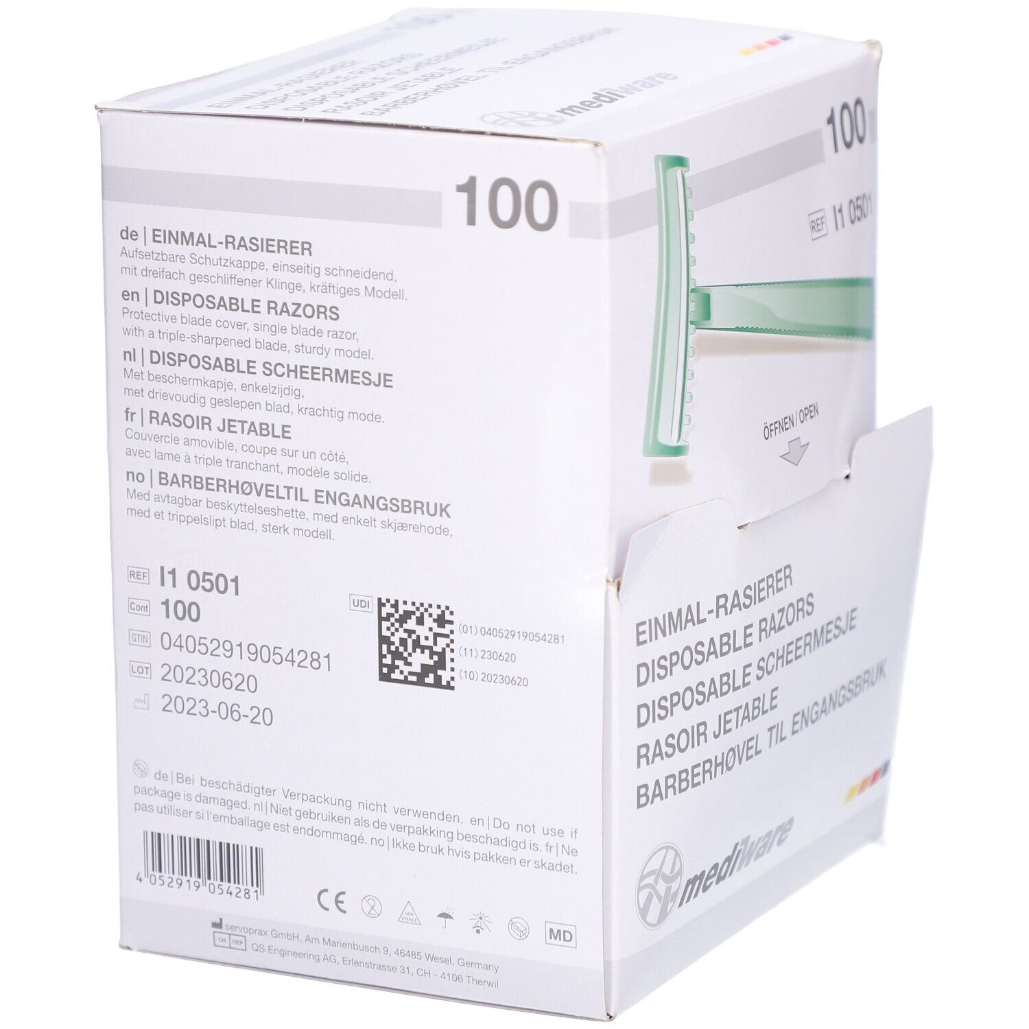 Boîte de 100 rasoirs jetables. Dos avec informations produit et code QR. Marque Mediware.