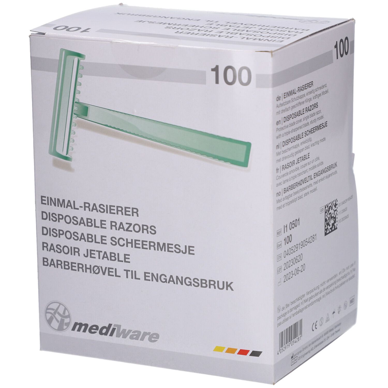 Boîte de 100 rasoirs jetables. Visible : rasoir vert, nom du produit, code QR, marque Mediware.