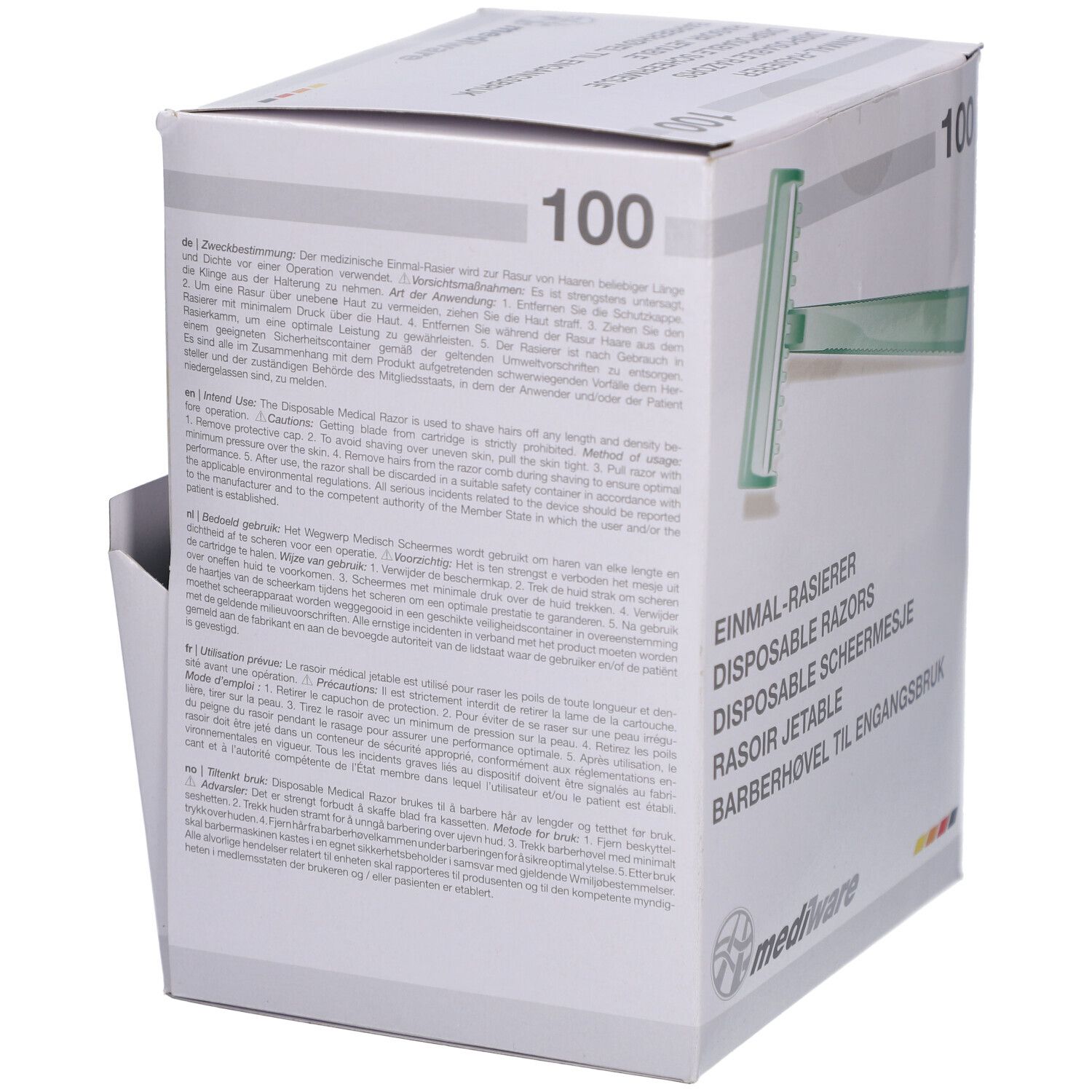 Boîte de 100 rasoirs jetables. Emballage ouvert, informations textuelles, marque Mediware.