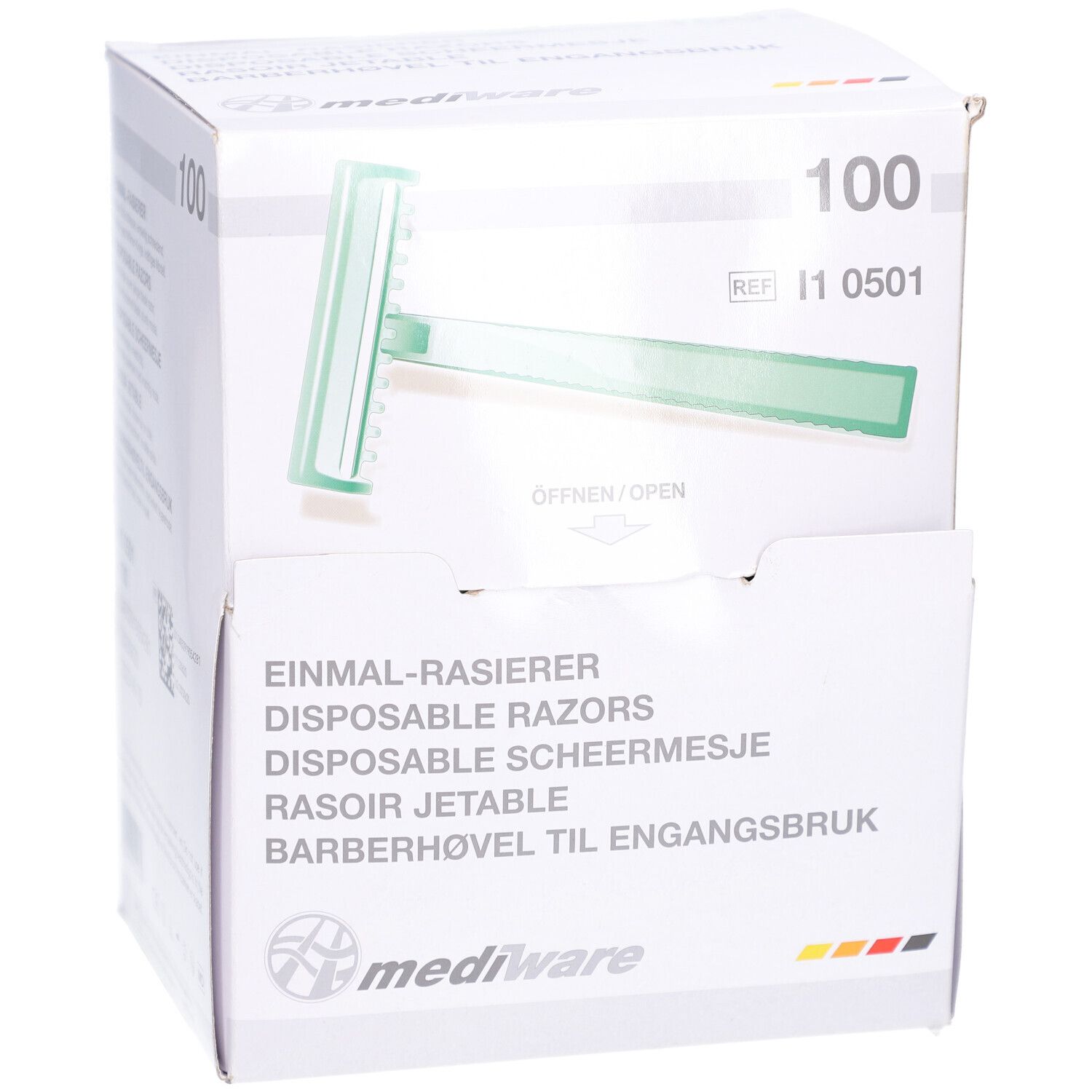 Boîte de 100 rasoirs jetables. Visible : rasoir vert, nom du produit, marque Mediware.