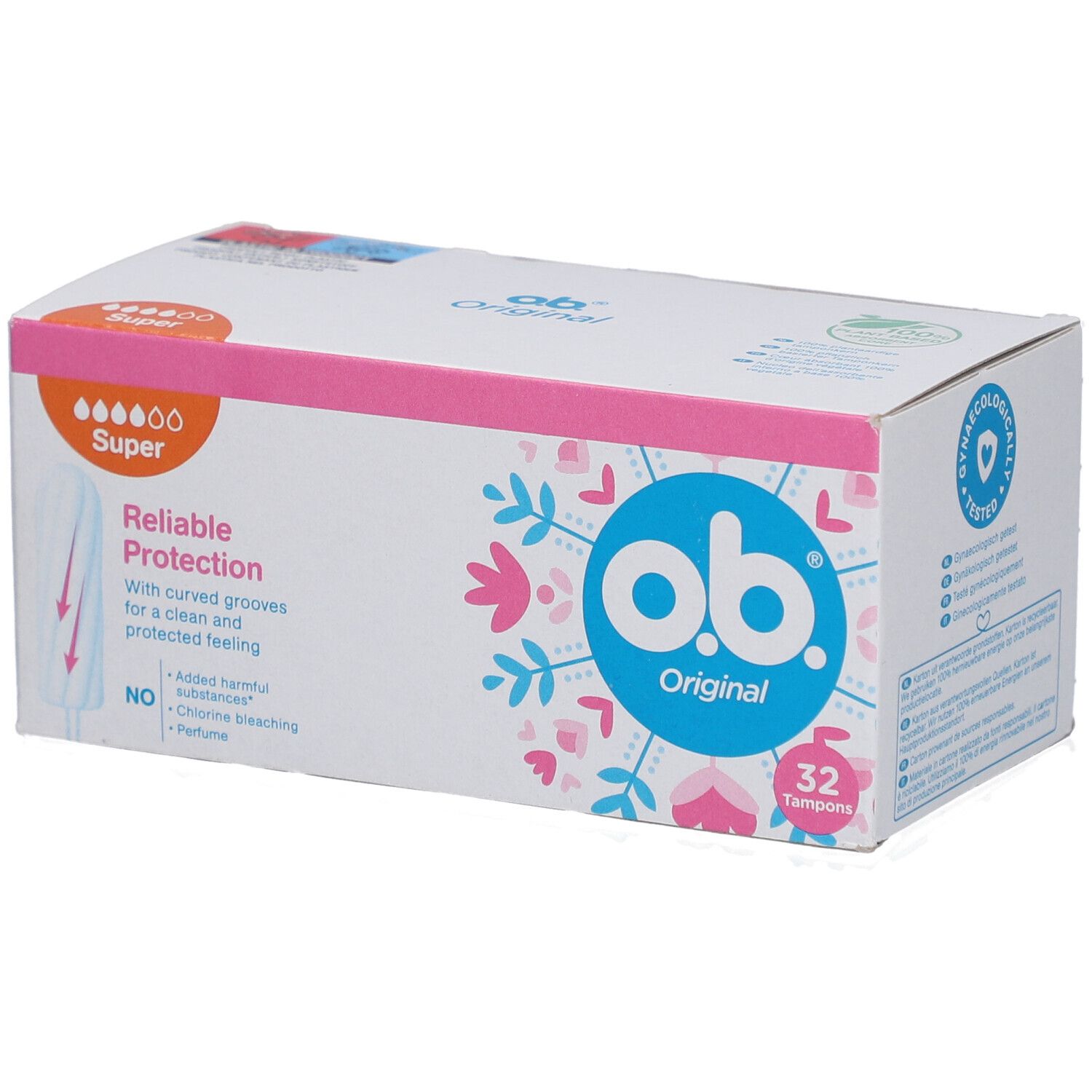 O.b. Original Super Tampons, Karton. 32 Stück. Zuverlässiger Schutz. Gynäkologisch getestet.