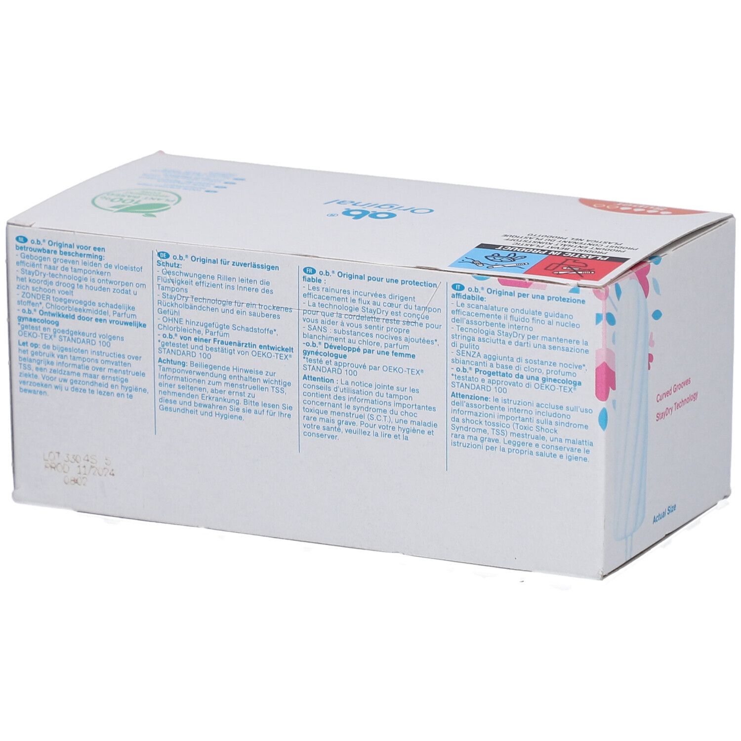 Rückseite der O.b. Original Super Tampon-Verpackung. Text in mehreren Sprachen. Gynäkologisch getestet.