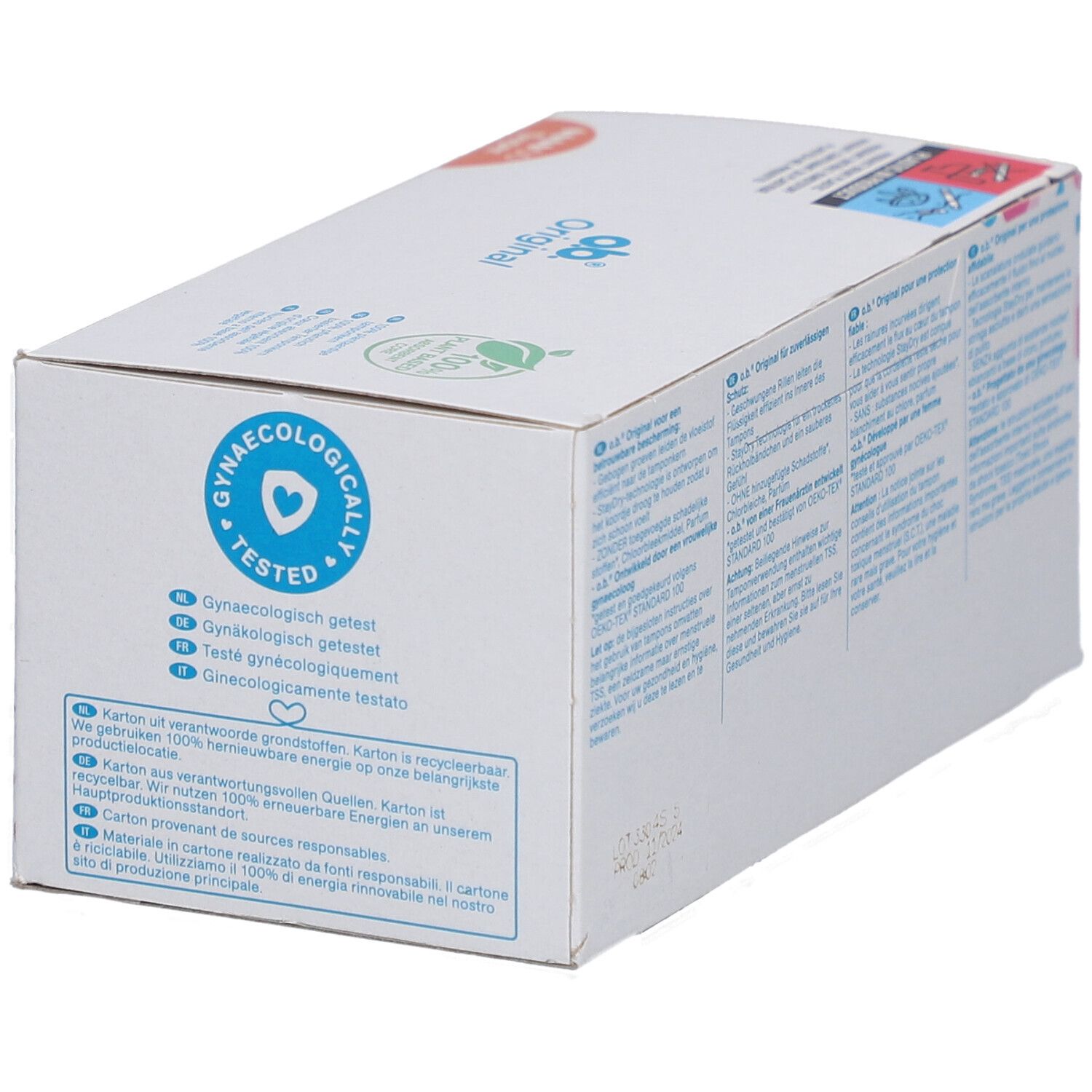 Rückseite der O.b. Original Super Tampon-Verpackung. Text in mehreren Sprachen. Gynäkologisch getestet.