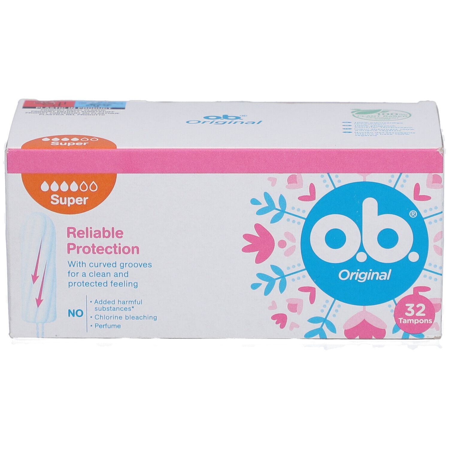 O.b. Original Super Tampons in Kartonverpackung. 32 Stück. Zuverlässiger Schutz mit gebogenen Rillen.