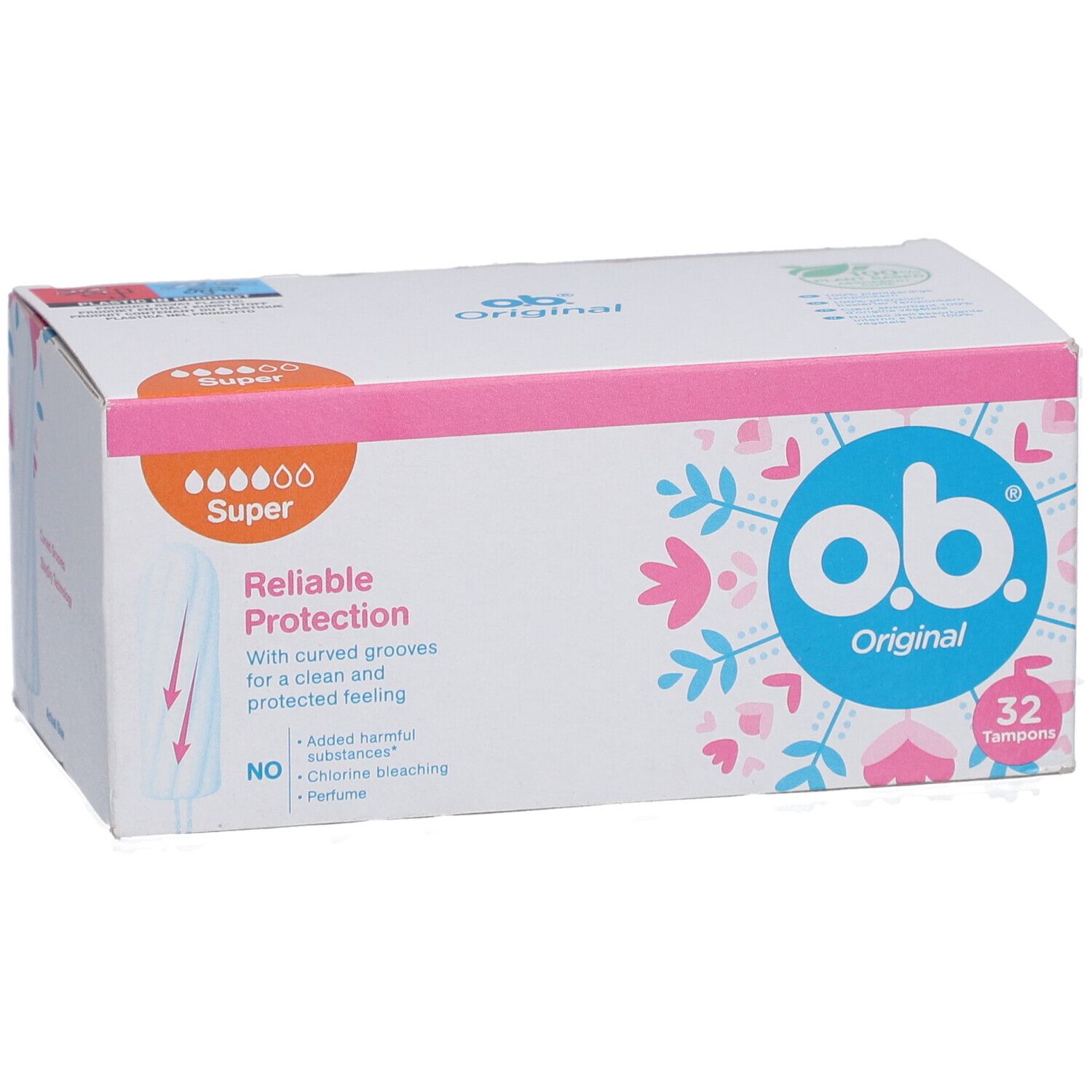 O.b. Original Super Tampons in Kartonverpackung. 32 Stück. Zuverlässiger Schutz mit gebogenen Rillen.