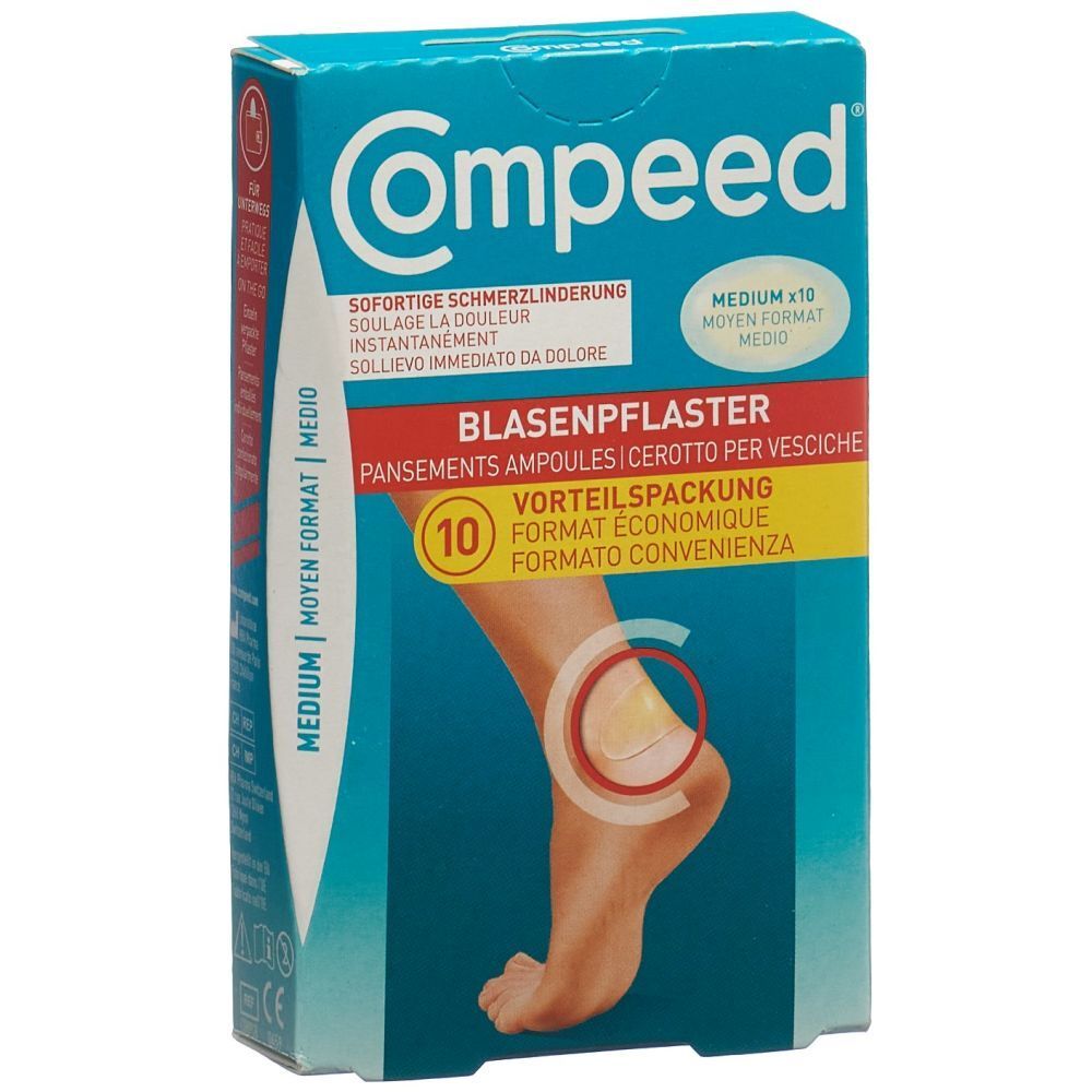 Blasenpflaster-Packung. Marke Compeed. Enthält 10 Pflaster. Aufdrucke in Deutsch, Französisch, Italienisch und Niederländisch. Abbildung eines Fußes.