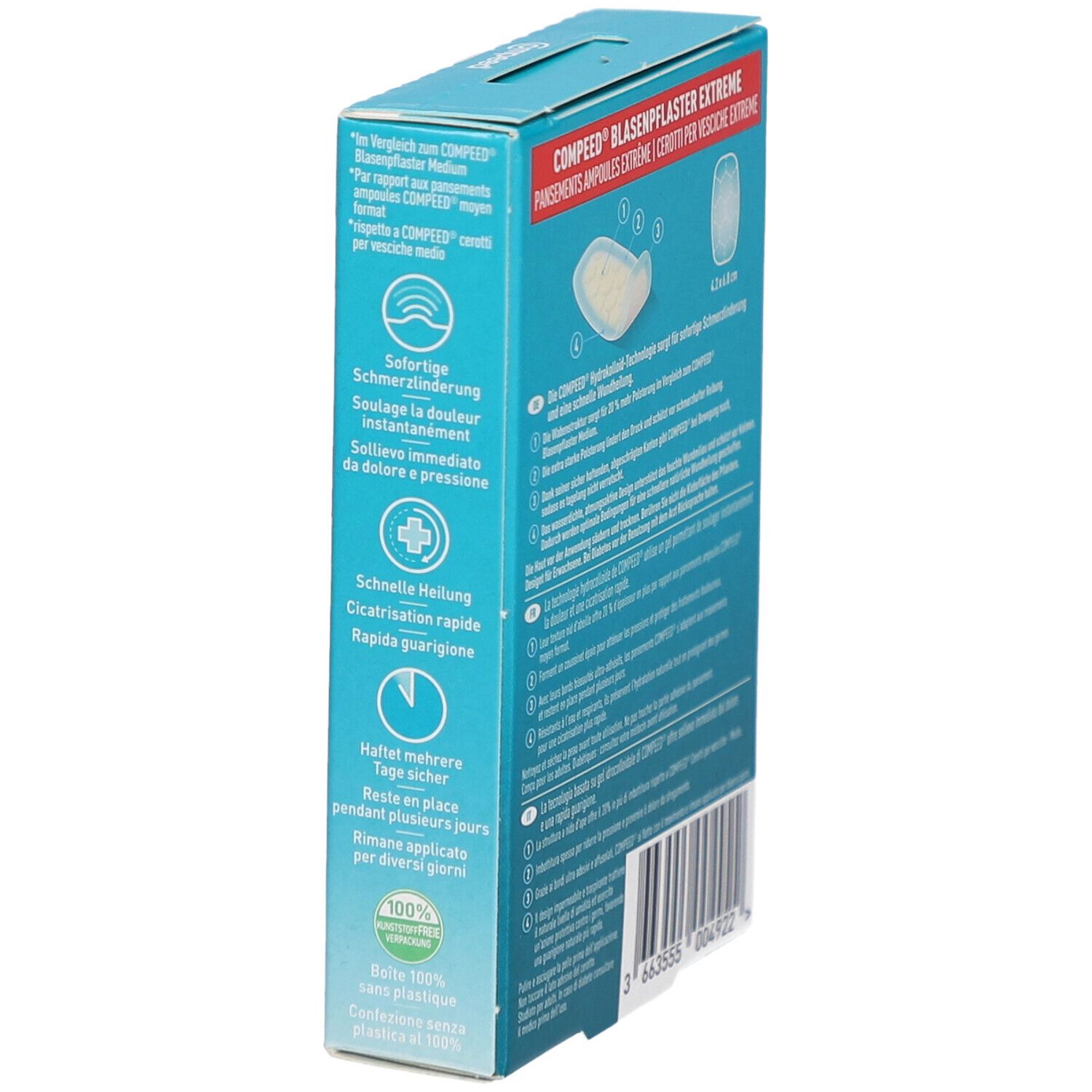 Seitenansicht der Compeed Blasenpflaster-Packung. Produktinformationen. Abbildungen. 100% ohne Plastik.