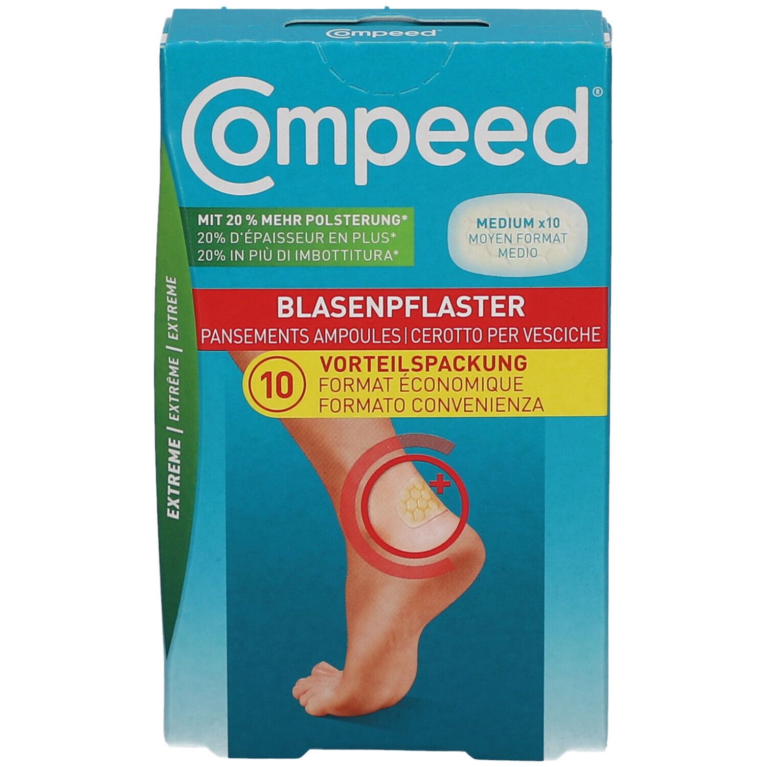 Compeed Blasenpflaster-Packung. Marke Compeed. Zeigt Fuß mit Pflaster. Medium Format, 10 Stück. Aufschrift: Extreme.