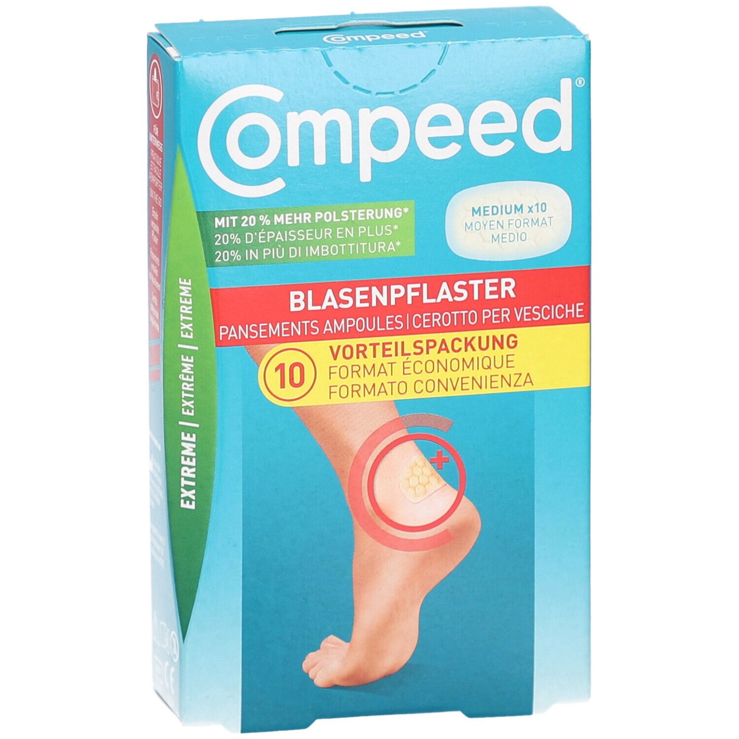 Compeed Blasenpflaster-Packung. Marke Compeed. Zeigt Fuß mit Pflaster. Medium Format, 10 Stück. Aufschrift: Extreme.