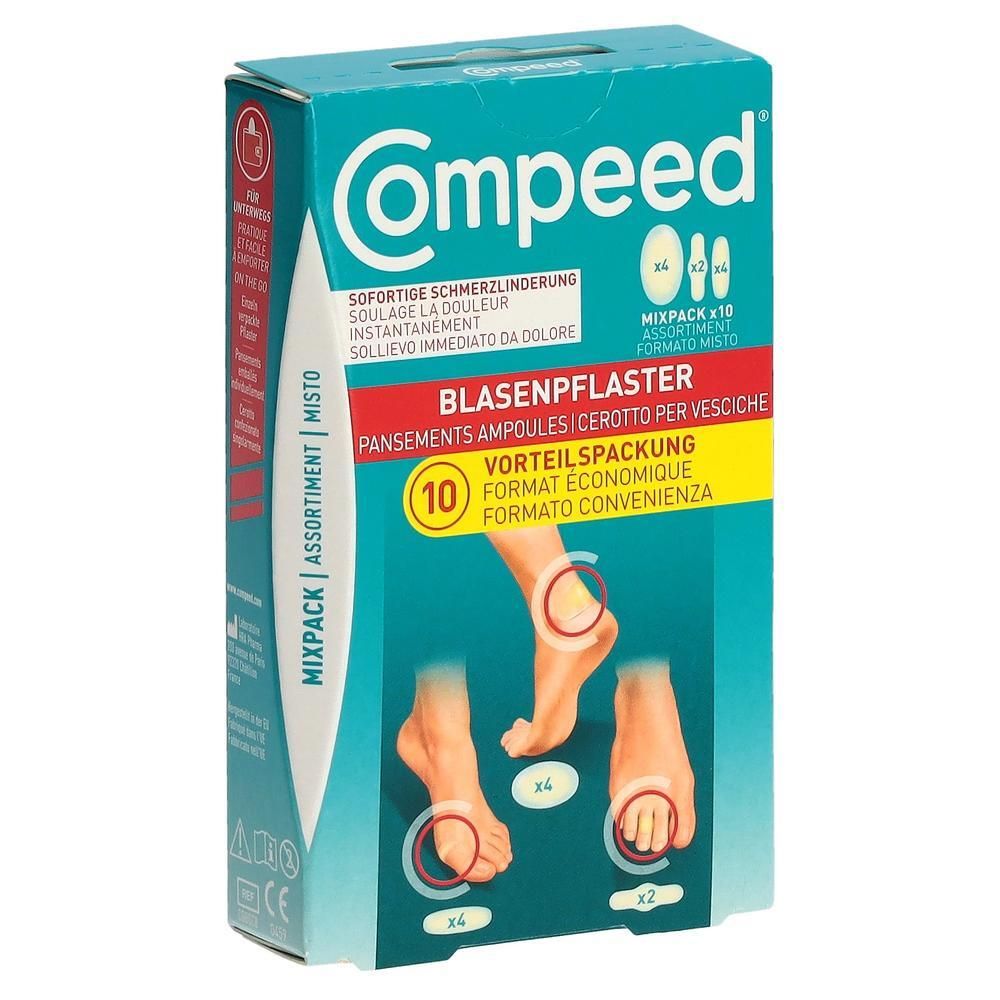 Boîte de Compeed Blasenpflaster Mixpack. Contient 10 pansements. Inscriptions : Soulage la douleur, Mixpack, Format économique.