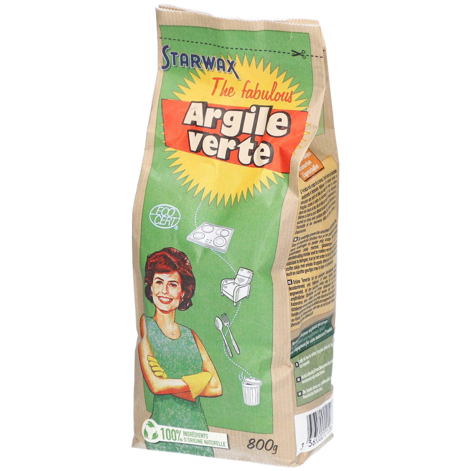 Sac de Starwax Argile Verte. Étiquette verte et jaune avec illustration d'une femme. 800g. Logo ECOCERT.