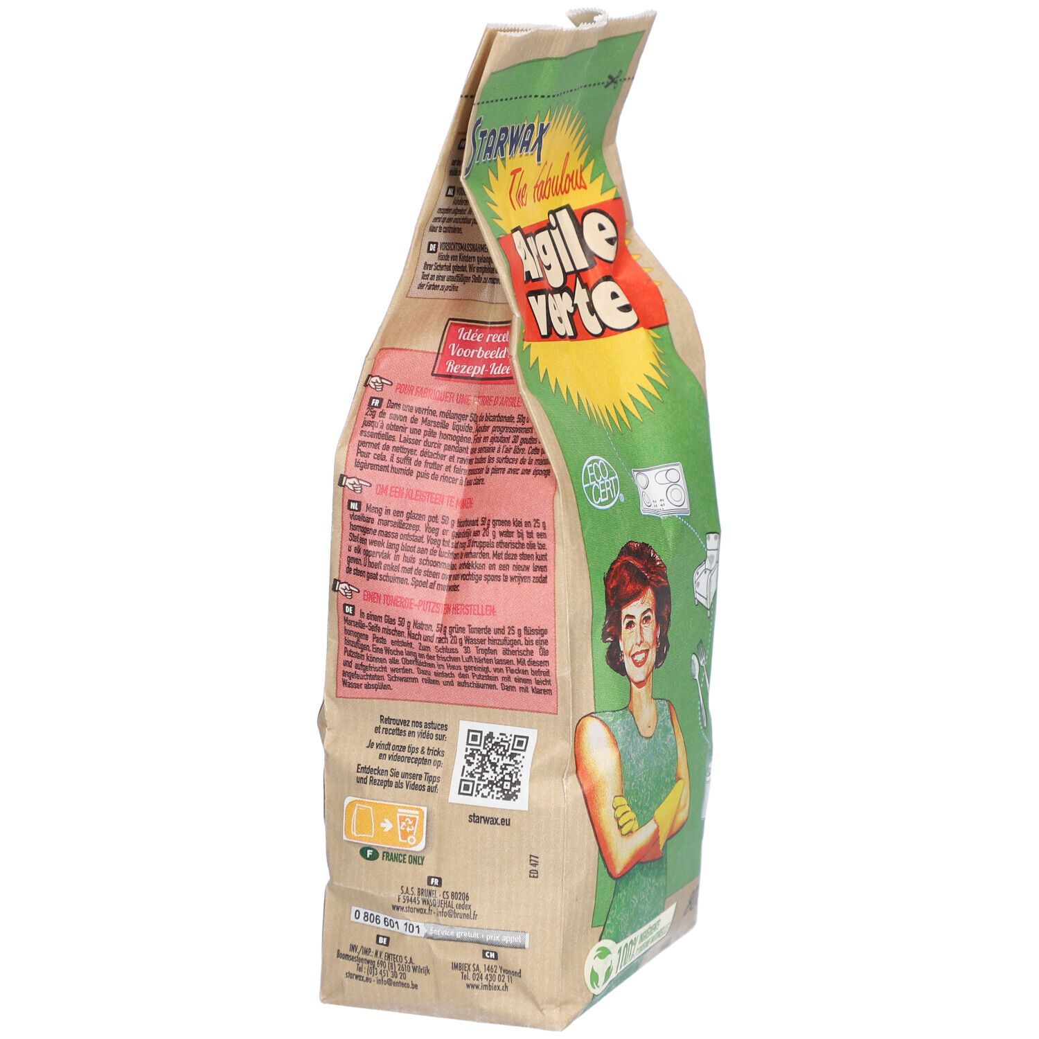 Sac Starwax Argile Verte, vue latérale. Texte et illustrations sur papier brun. Logo ECOCERT.