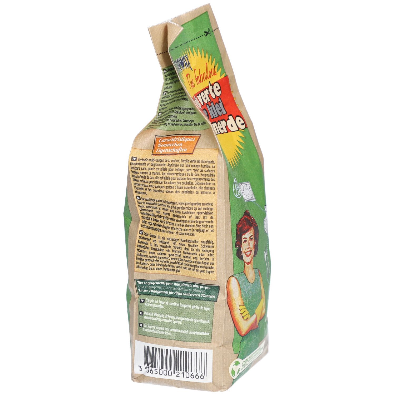 Sac Starwax Argile Verte, vue latérale. Texte et illustrations sur papier brun. Logo ECOCERT.