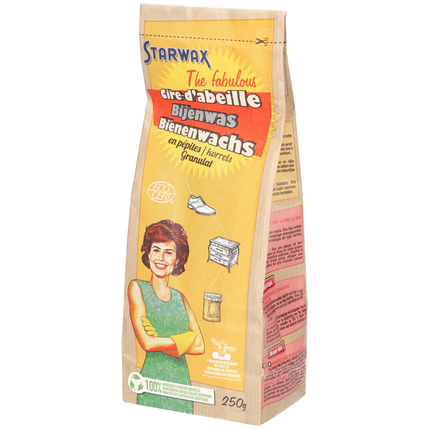 Beutel mit Bienenwachs-Granulat. Aufschrift: STARWAX, The fabulous, Cire d'abeille, Bienenwachs, Granulat. Frau mit Handschuhen.