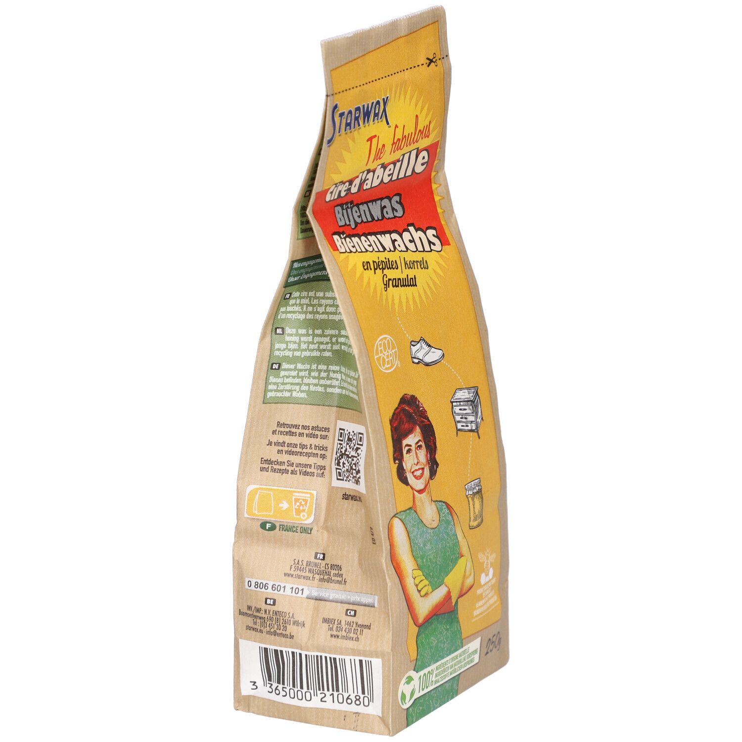 Blick auf die Seite des Bienenwachs-Granulat-Beutels. Aufschrift: STARWAX, Cire d'abeille, Bienenwachs. QR-Code und weitere Informationen.