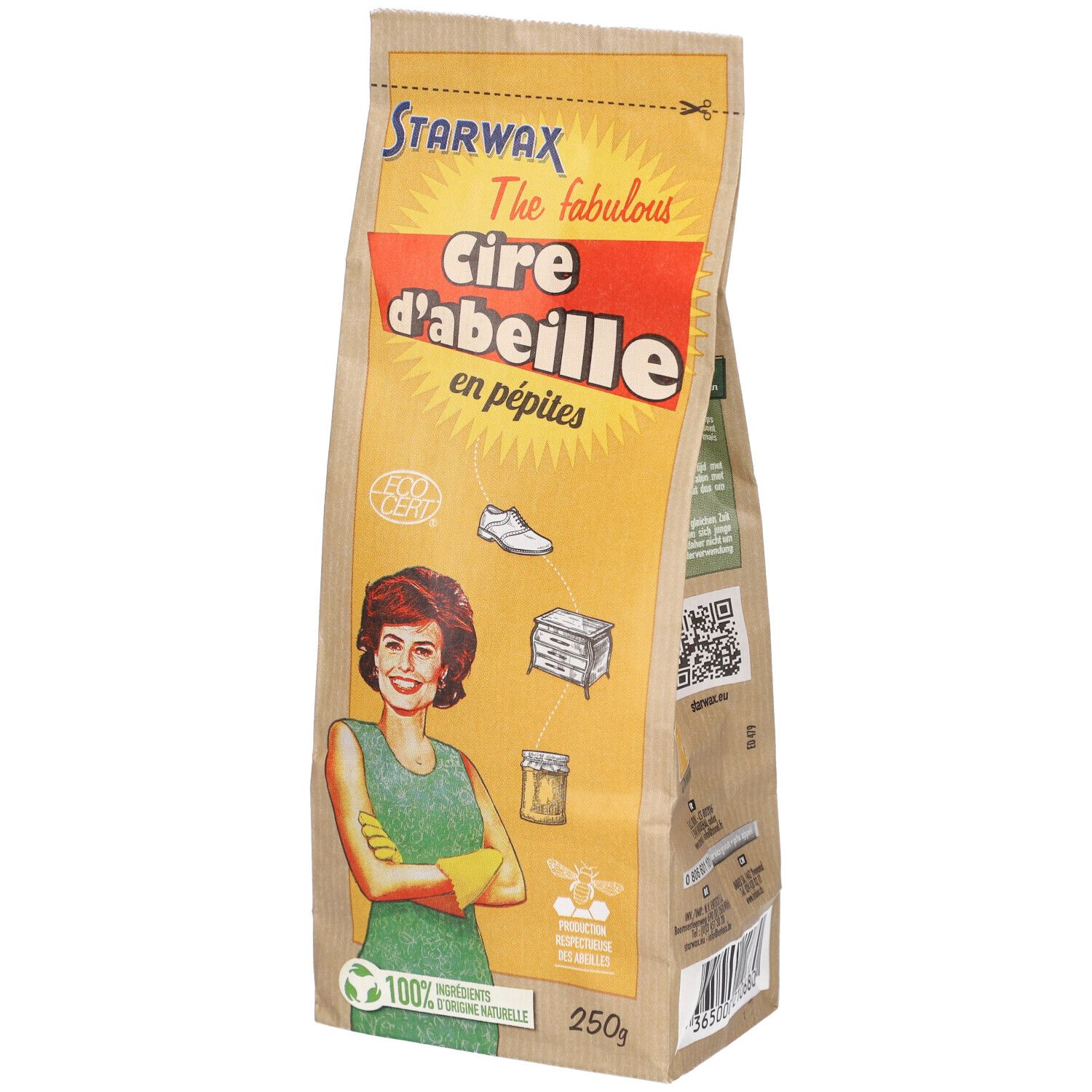 Beutel mit Bienenwachs-Granulat. Aufdrucke: Starwax, Cire d'abeille, Bienenwas, Granulat. Frau mit gelben Handschuhen.