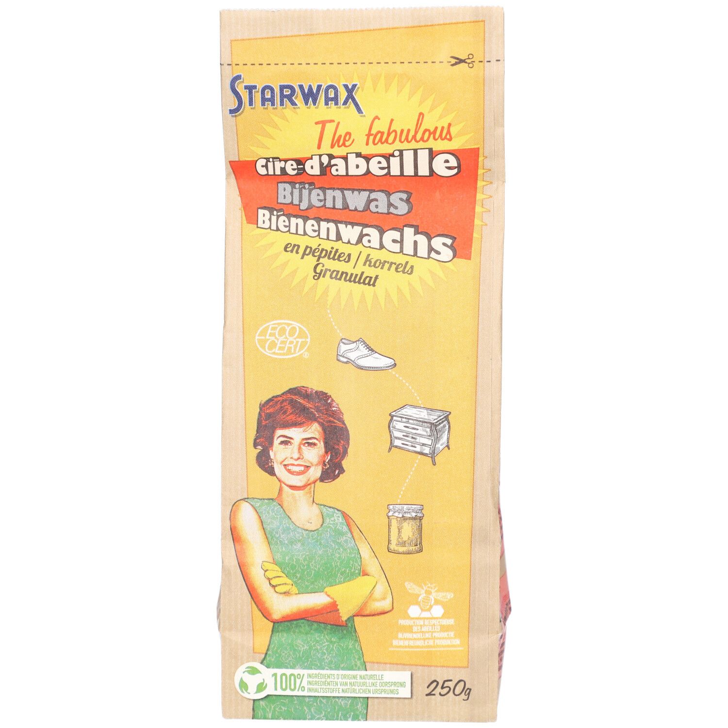 Bienenwachs-Granulat-Beutel. Aufschrift: STARWAX, The fabulous, Cire d'abeille, Bienenwachs, Granulat. Frau mit Handschuhen.