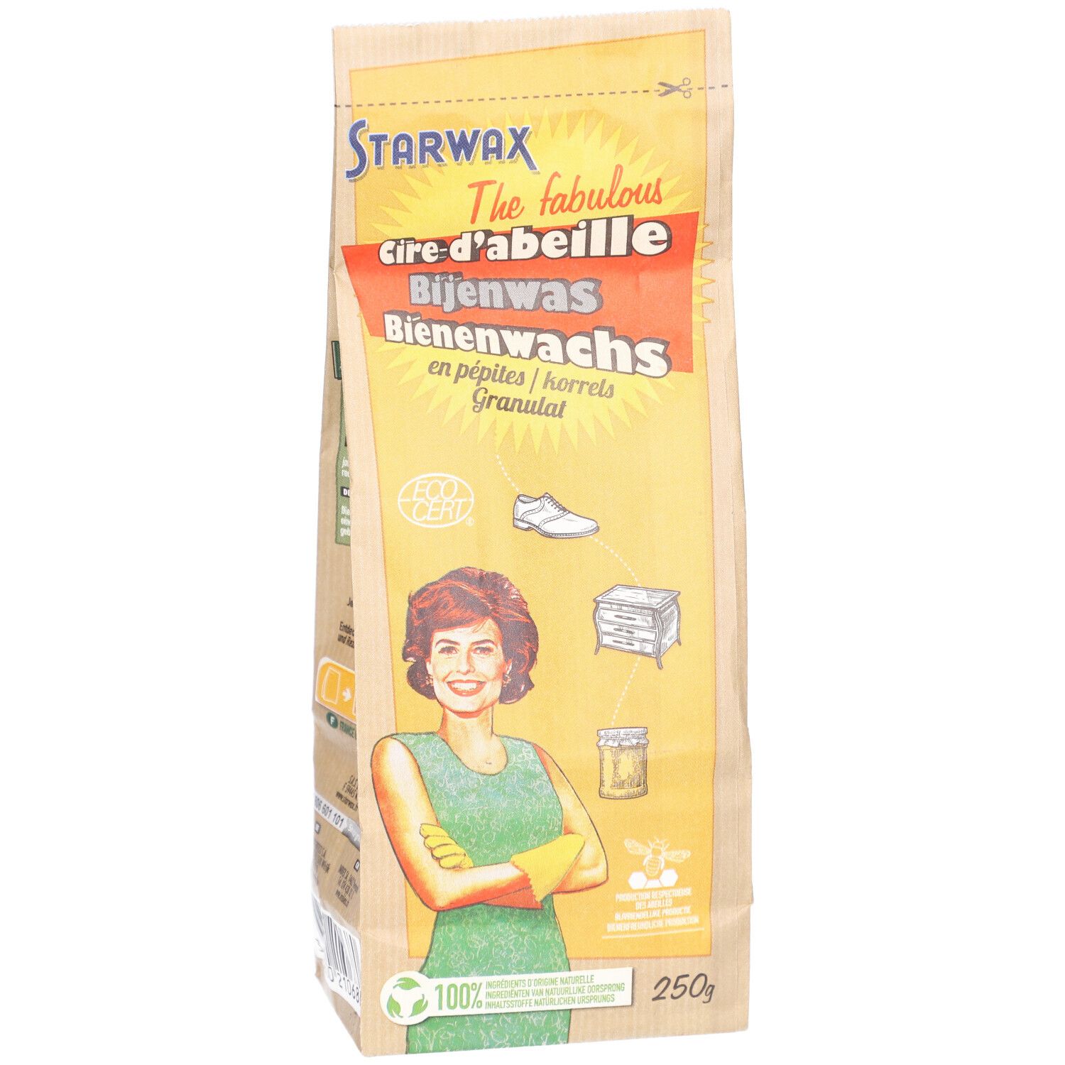 Bienenwachs-Granulat-Beutel. Aufschrift: STARWAX, The fabulous, Cire d'abeille, Bienenwachs, Granulat. Frau mit Handschuhen.
