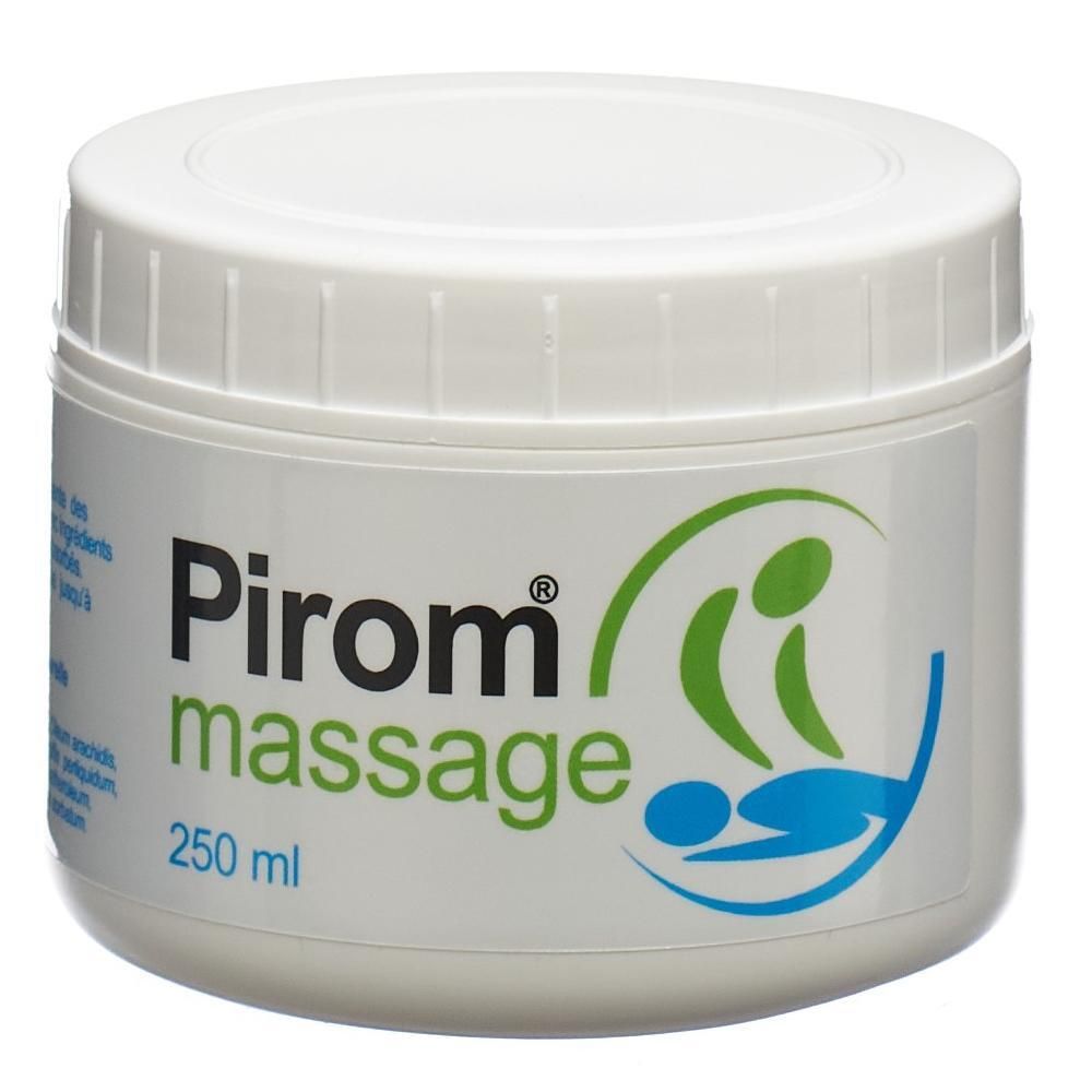 Weiße Dose mit "Pirom massage" Aufschrift und 250 ml Angabe. Zeigt stilisierte Figuren.