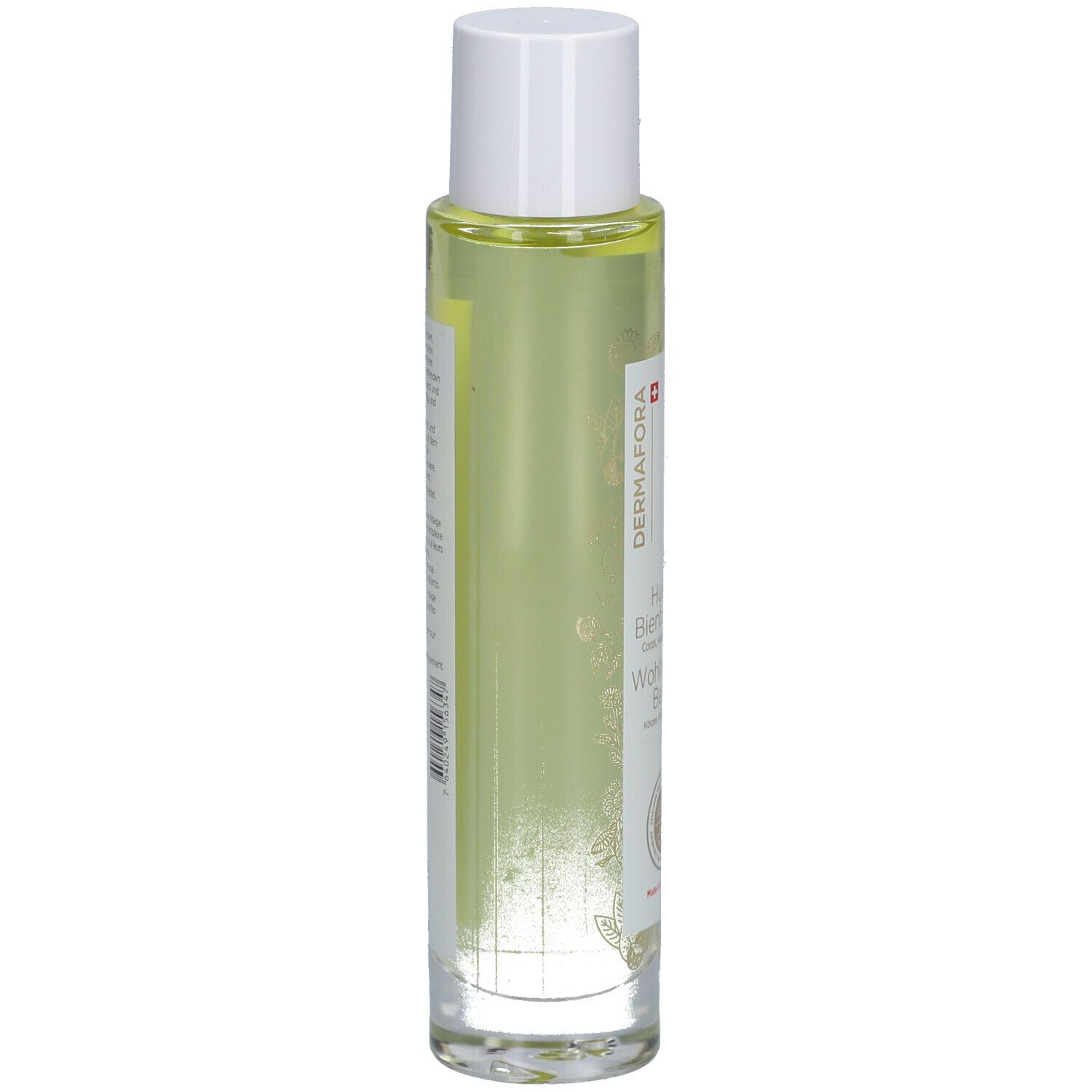 Zylindrische Glasflasche mit klarer, gelblicher Flüssigkeit. Weißer Deckel. Etikett mit Produktinformationen und Logo.