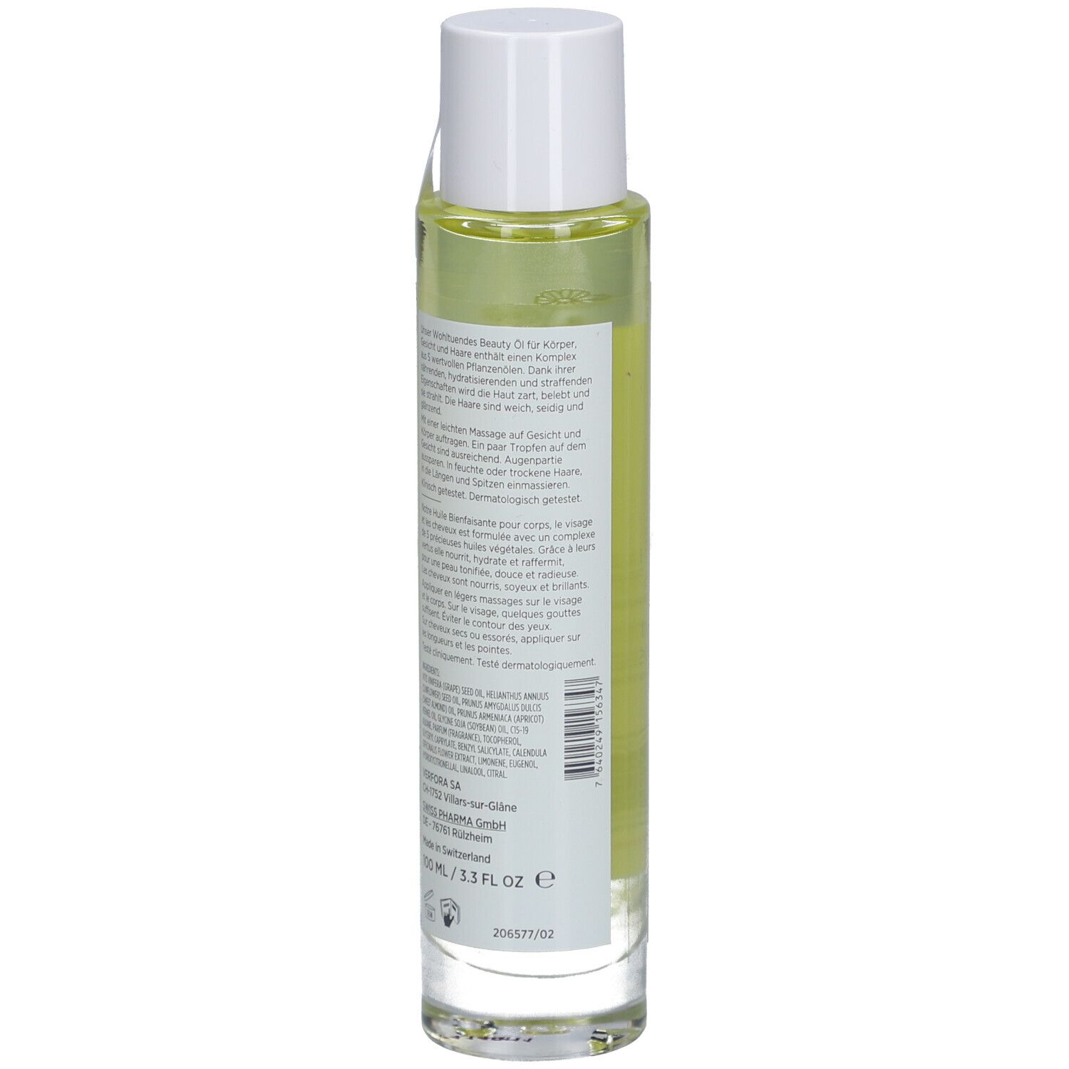 Glasflasche mit gelblicher Flüssigkeit. Etikett mit Text in deutscher Sprache. Weißer Deckel. Produktinformationen.