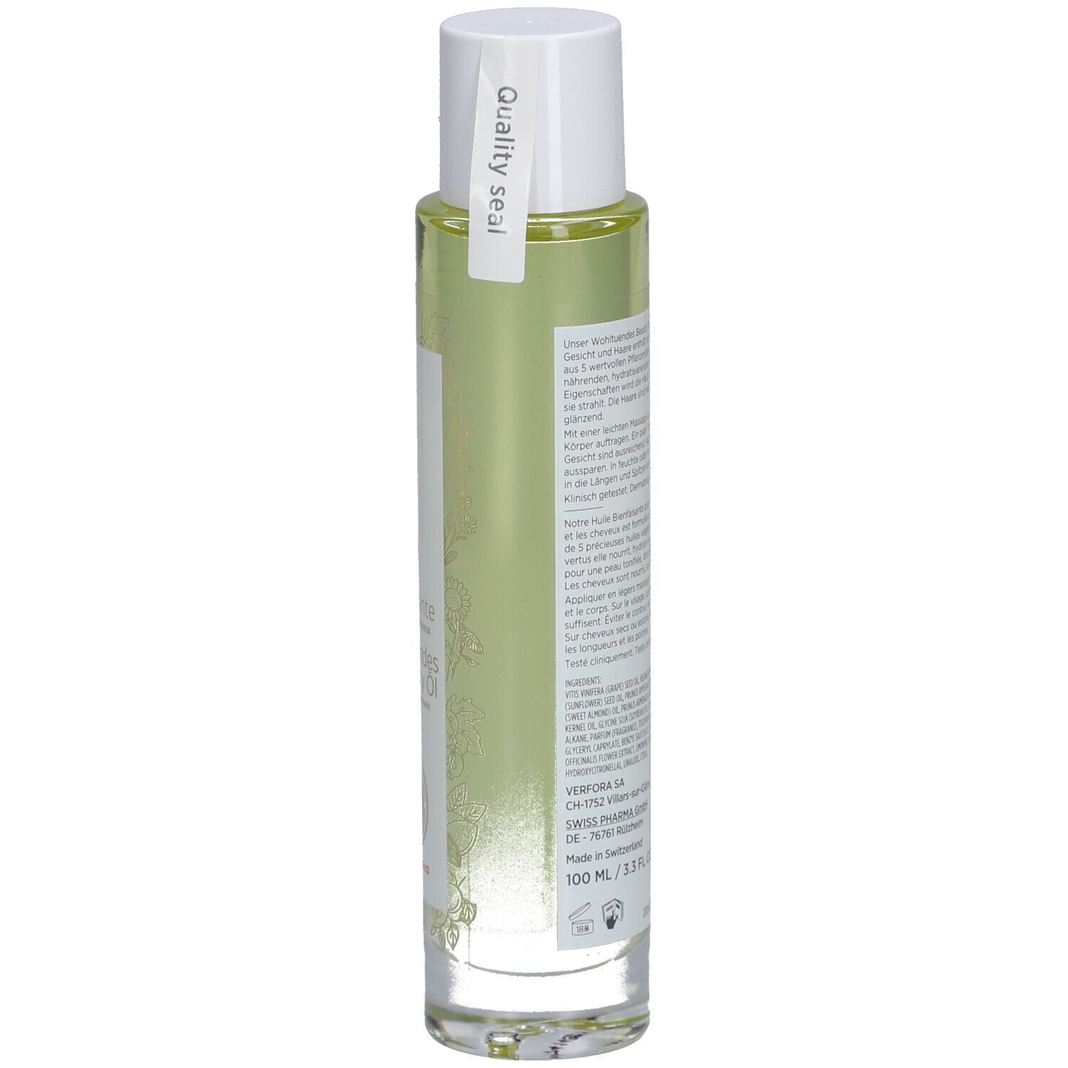 Glasflasche mit gelblicher Flüssigkeit. Weißer Deckel. Etikett mit Text und Qualitätssiegel. 100 ml.