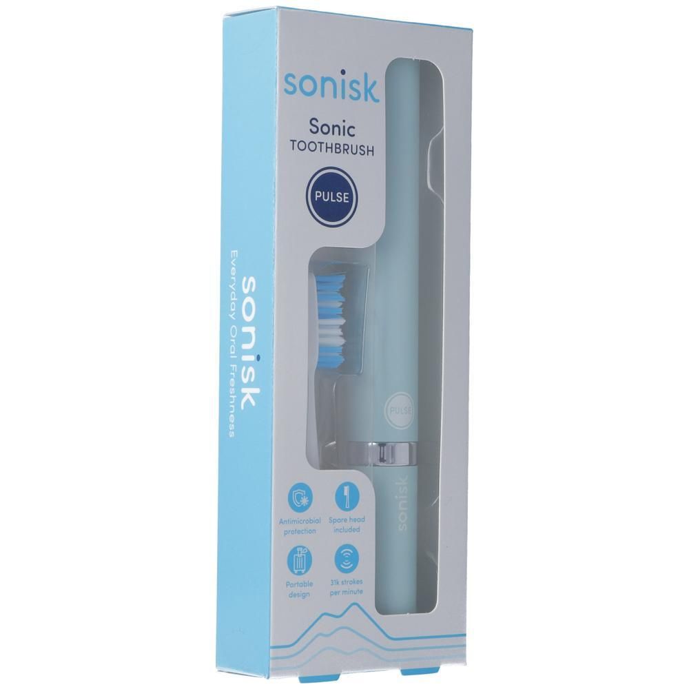 Türkisfarbene Schallzahnbürste in Verpackung. Marke: sonisk. Auf der Verpackung: Sonic TOOTHBRUSH, PULSE, Everyday Oral Freshness.