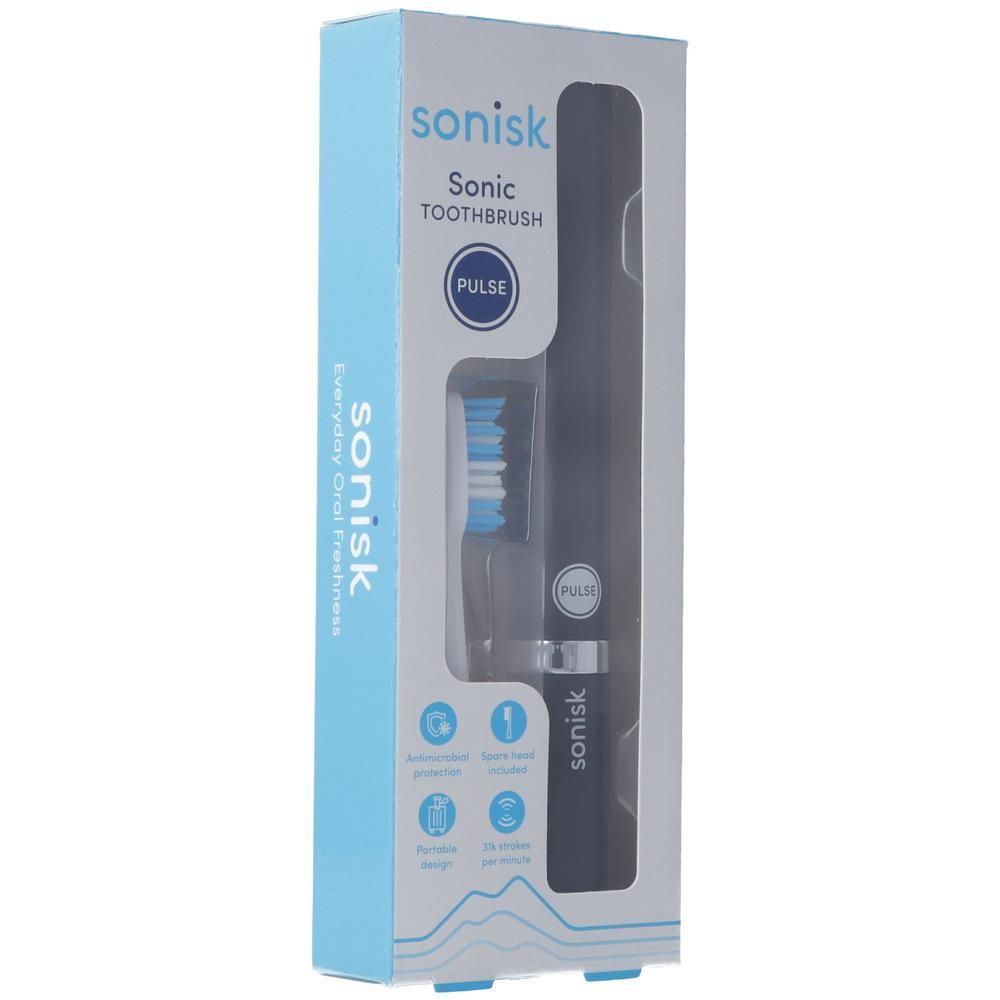 Brosse à dents sonique SONISK black dans son emballage. Manche noir, tête bleue. Emballage avec nom et logos du produit.