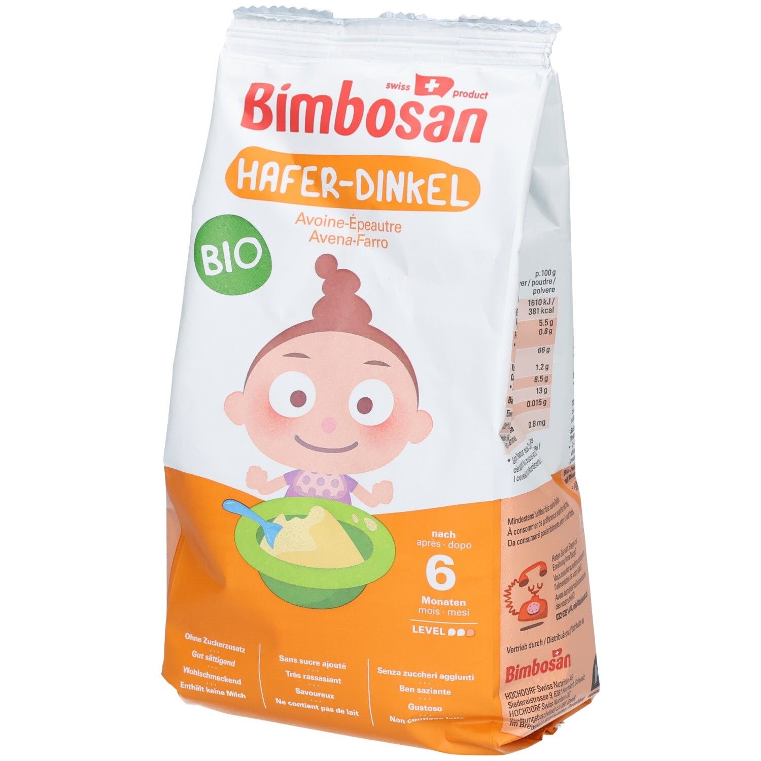 Bimbosan Bio Avoine-Épeautre, nourriture pour bébés dès 6 mois. Logo Bio et illustration de bébé.