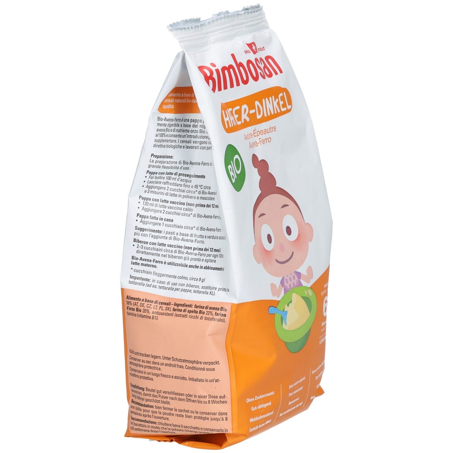 Dos de l'emballage Bimbosan Bio Avoine-Épeautre avec instructions de préparation et informations nutritionnelles.