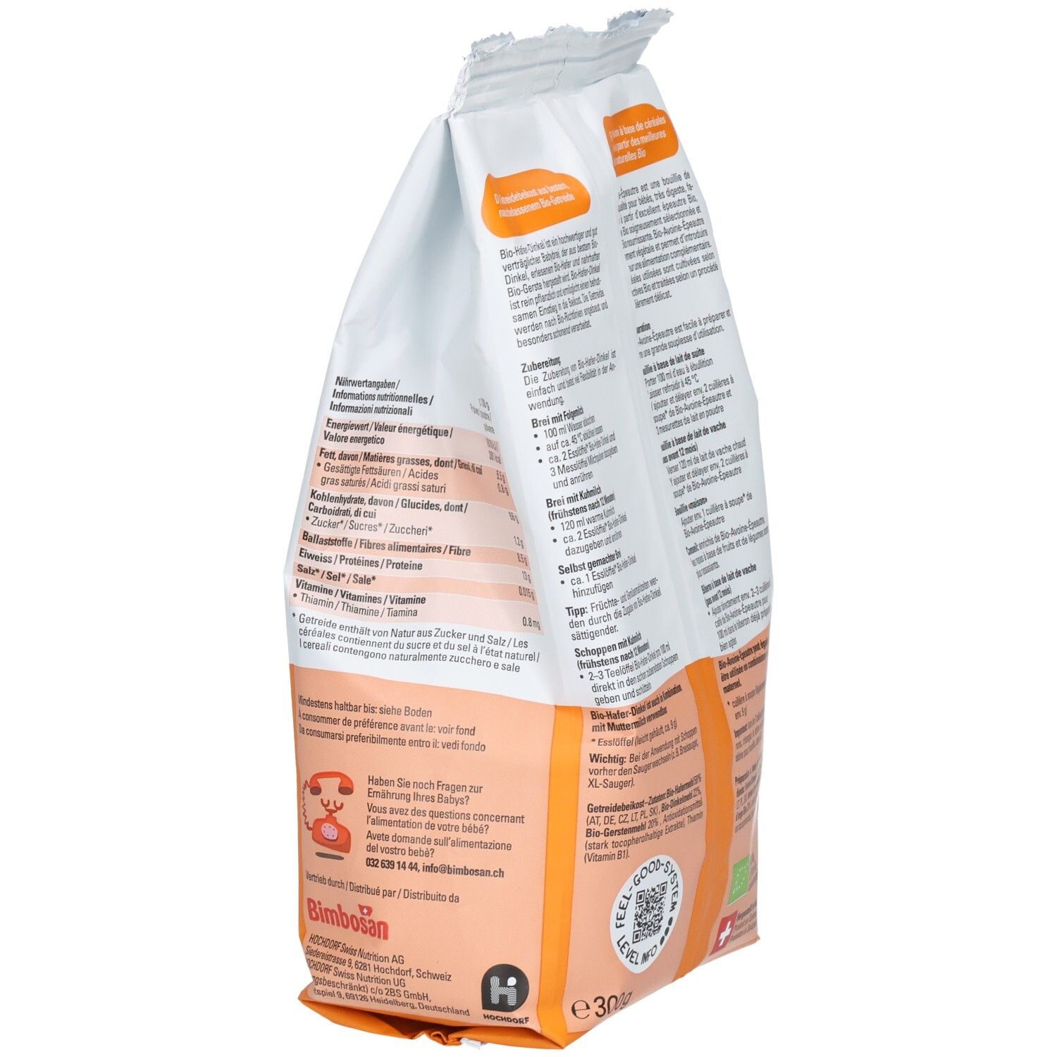 Vue latérale de l'emballage Bimbosan Bio Avoine-Épeautre mettant en avant les logos et informations produit.