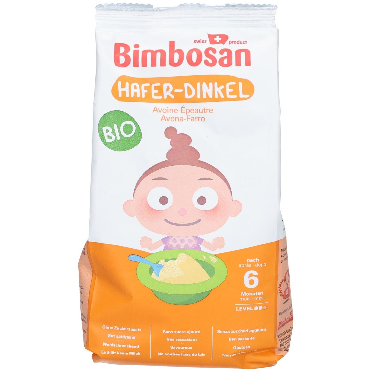 Face avant de l'emballage Bimbosan Bio Avoine-Épeautre avec illustration de bébé et logo Bio.