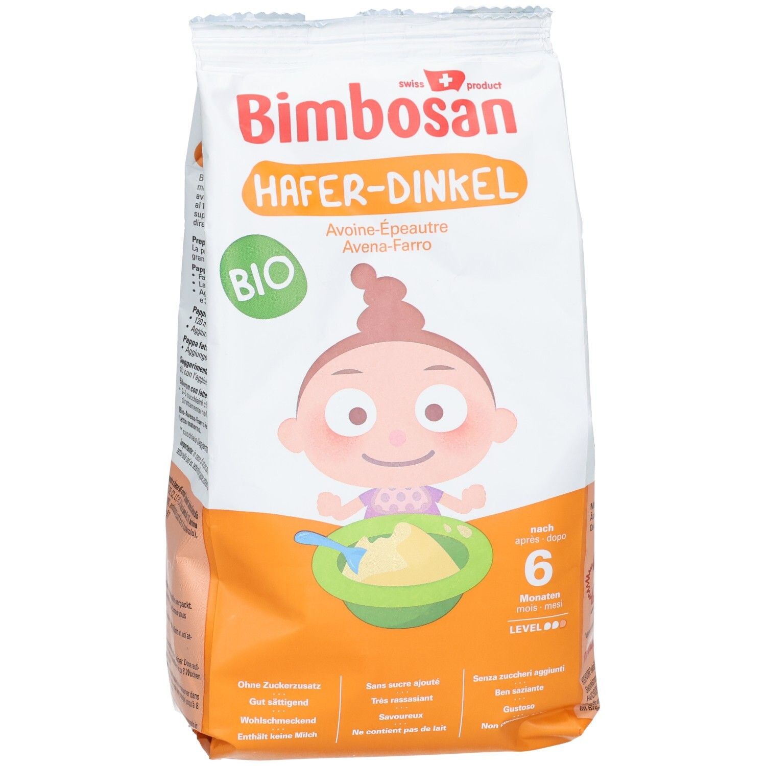 Bimbosan Bio Avoine-Épeautre, nourriture pour bébés dès 6 mois. Informations produit et logo Bio.