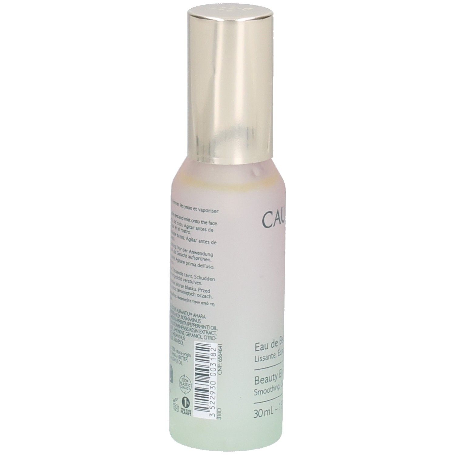 Rückseite des Flakons. Text: Eau de Beauté, Beauty Elixir, 30ml. Inhaltsstoffe und Anwendungshinweise.