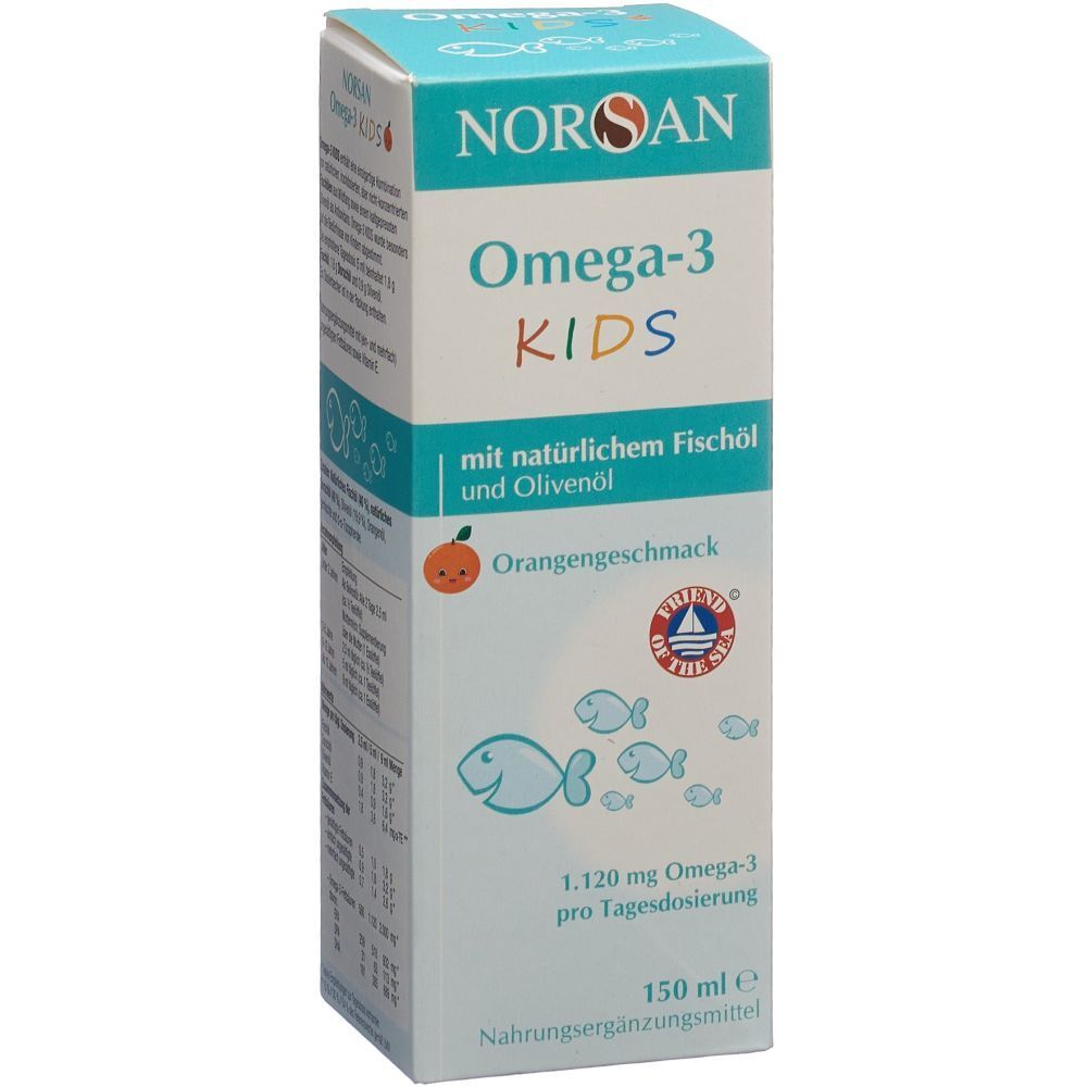 NORSAN Omega-3 KIDS. Flasche und Verpackung. Orange-Geschmack. Mit Fischöl und Olivenöl. Nahrungsergänzungsmittel. 150 ml.