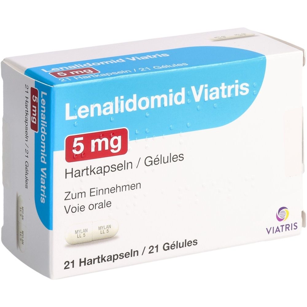 Boîte de gélules Lenalidomide Viatris 5 mg. Contient 21 gélules. Inscription : Zum Einnehmen, Voie orale. Logo Mylan.