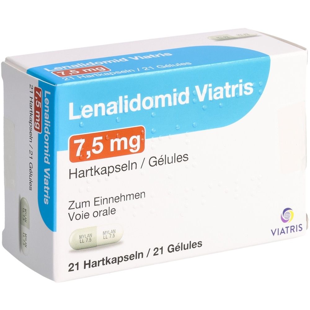 Schachtel mit "Lenalidomid Viatris" und "7,5 mg" Aufschrift. Enthält 21 Hartkapseln. Marke Mylan.