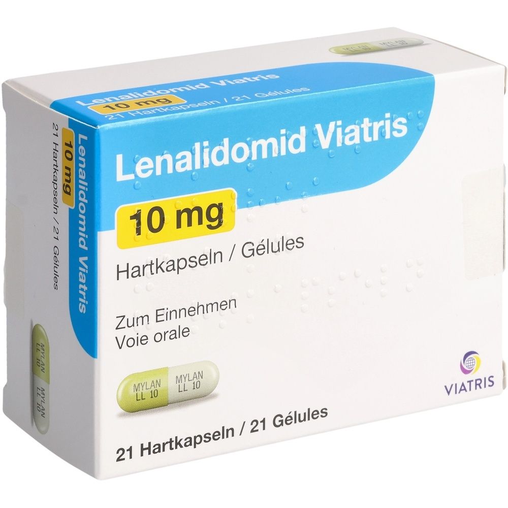 Weißer Karton mit blauer und gelber Beschriftung. Enthält Lenalidomid Viatris 10 mg Hartkapseln. 21 Stück.