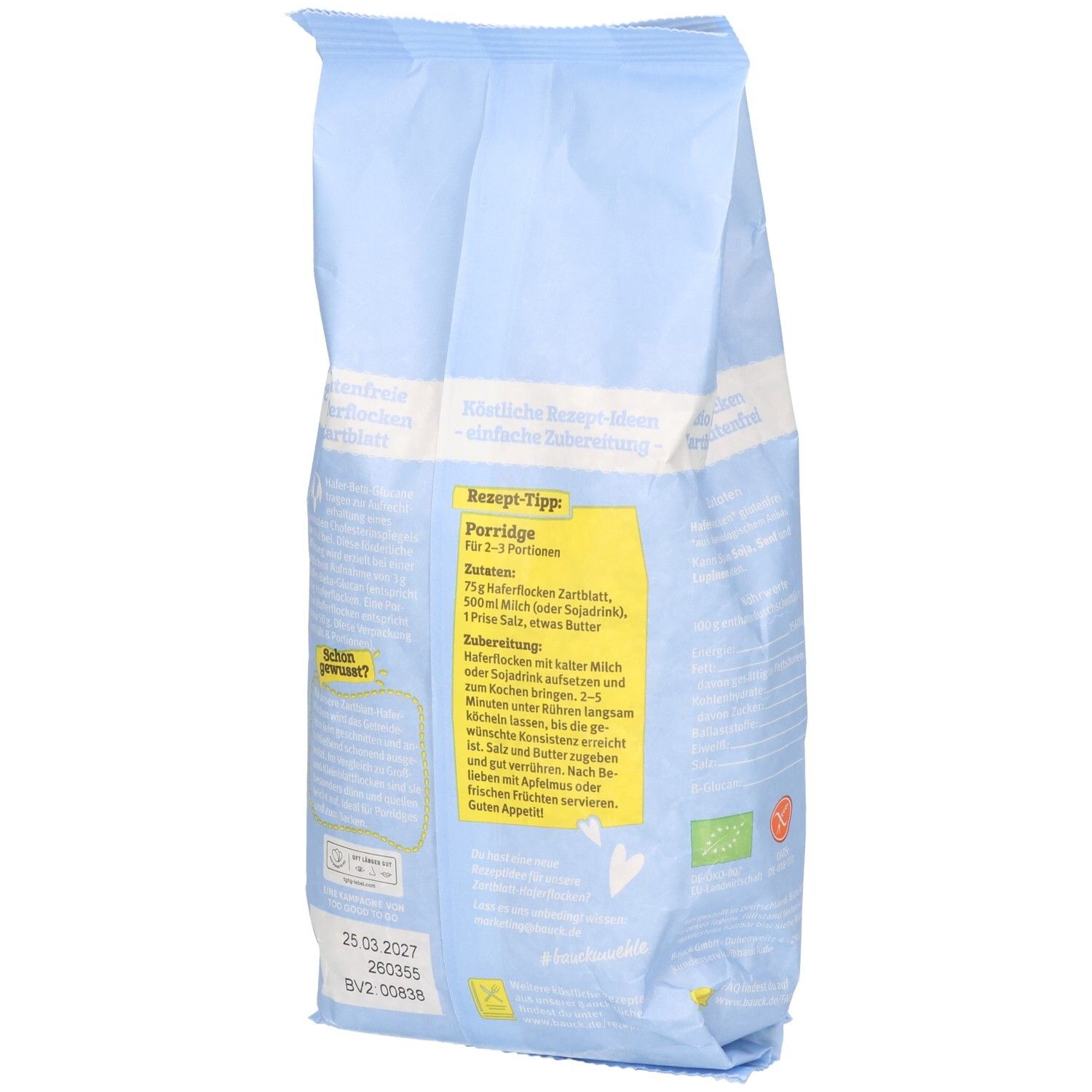 Dos du sachet bleu clair de flocons d'avoine. Conseil de recette pour le porridge. Texte en allemand. Label bio et date de péremption.