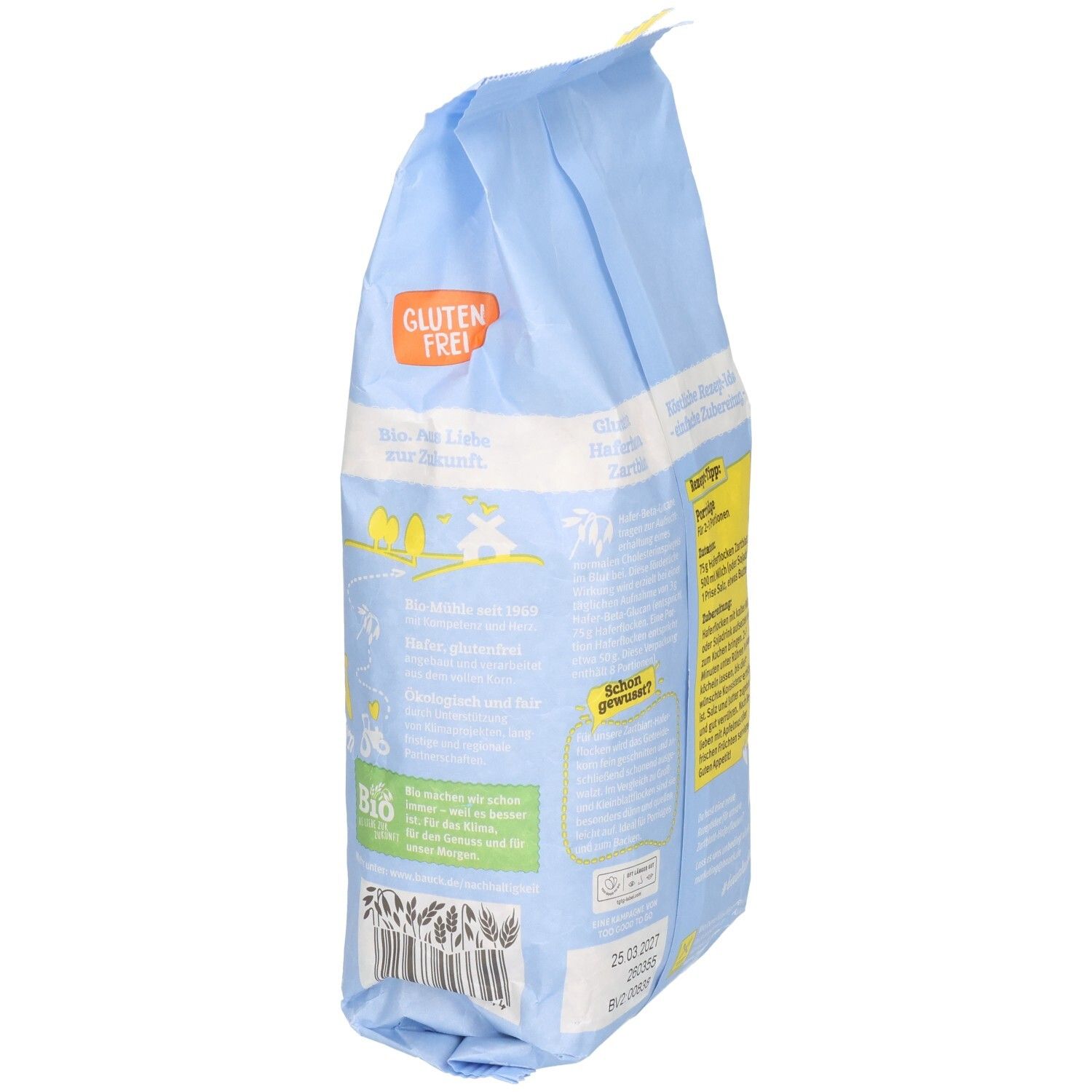 Sachet bleu clair de flocons d'avoine. Inscription : Sans gluten, label bio. Texte en allemand. Vue latérale.