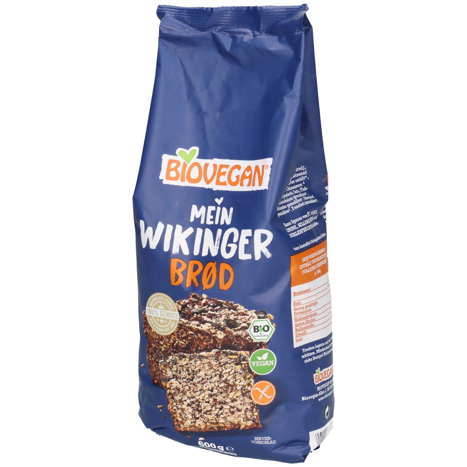 Blaue Verpackung mit Aufdruck. Biovegan-Logo, Produktname: Mein Wikinger Brod. Abbildung von Brot. Vegan und glutenfrei.