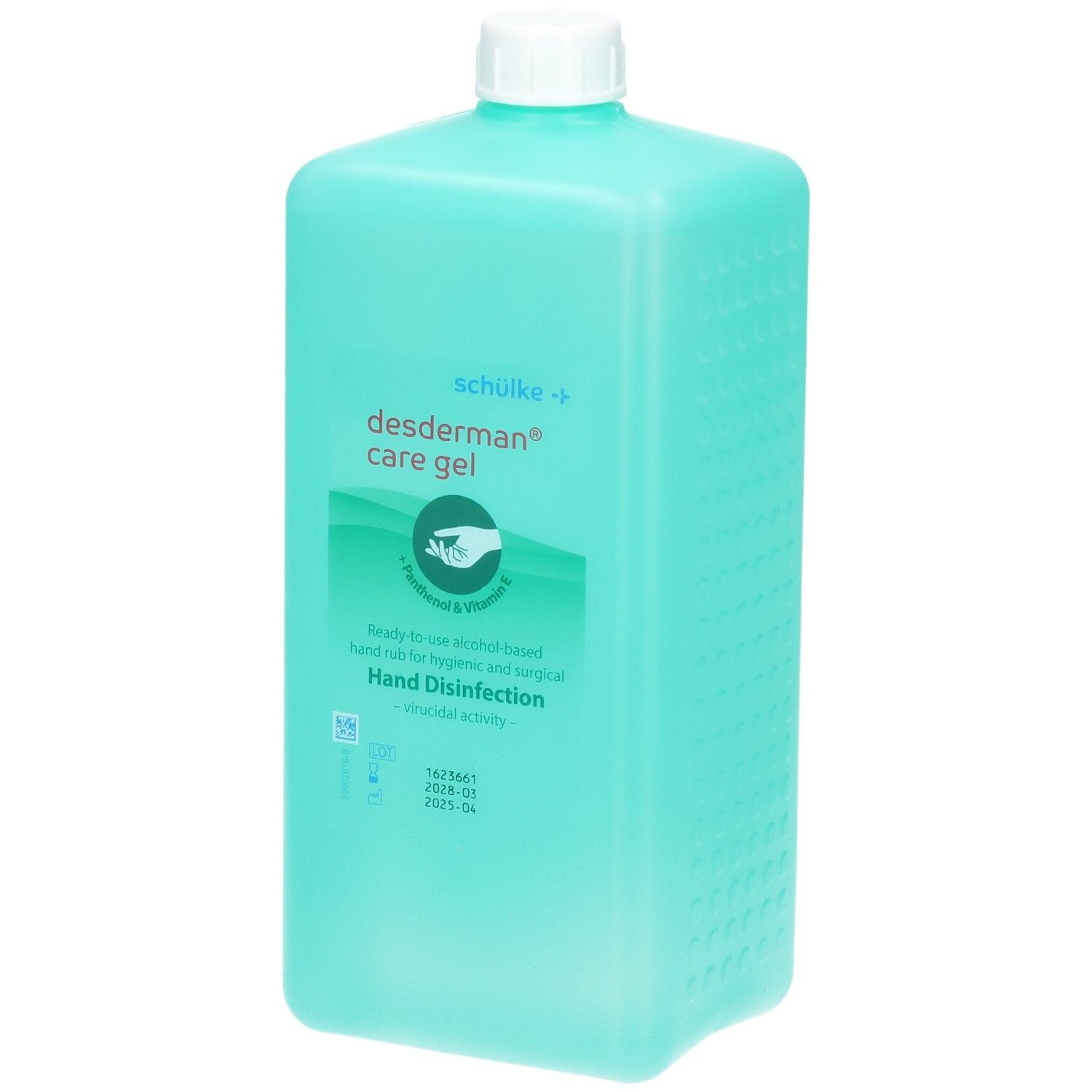 Türkisblaue Flasche mit Desinfektionsgel, weißer Verschluss, Etikett mit grünen Wellen und Hand-Symbol.