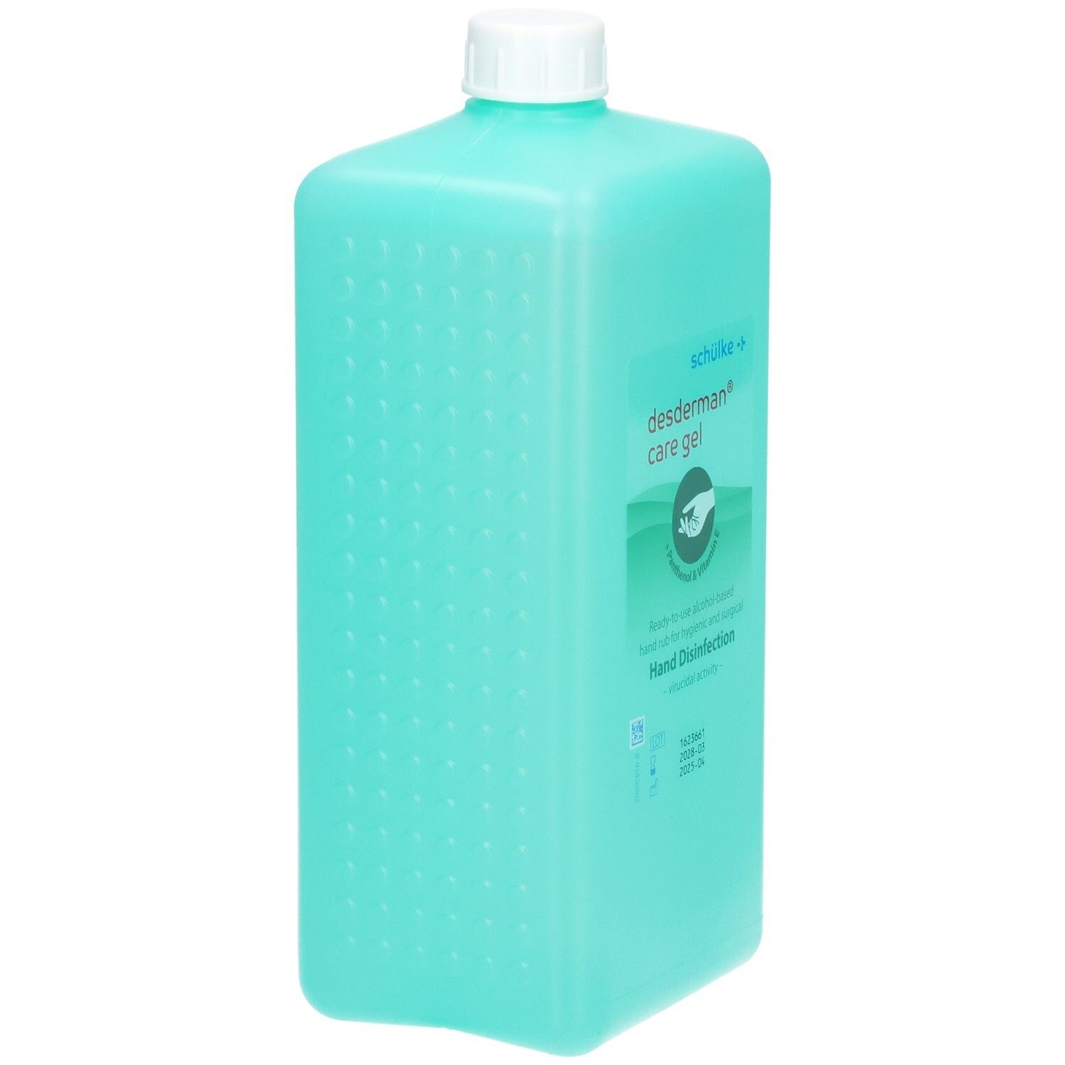 Türkisblaue Flasche mit Desinfektionsgel, weißer Verschluss, Etikett mit grünen Wellen und Hand-Symbol.